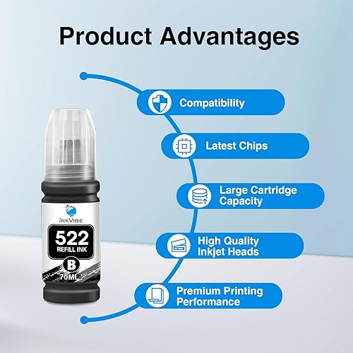 Miniatura 7 de Repuesto de tinta negra 522 compatible para botellas de repuesto de tinta Epson 522, color negro, funciona con Ecotank ET-2800, ET-4800, ET-2400,
