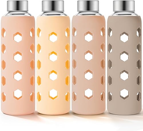 Botellas de jugo de vidrio con tapas y fundas de silicona de 18 onzas, paquete de 4 botellas de agua reutilizables de vidrio transparente con tapa