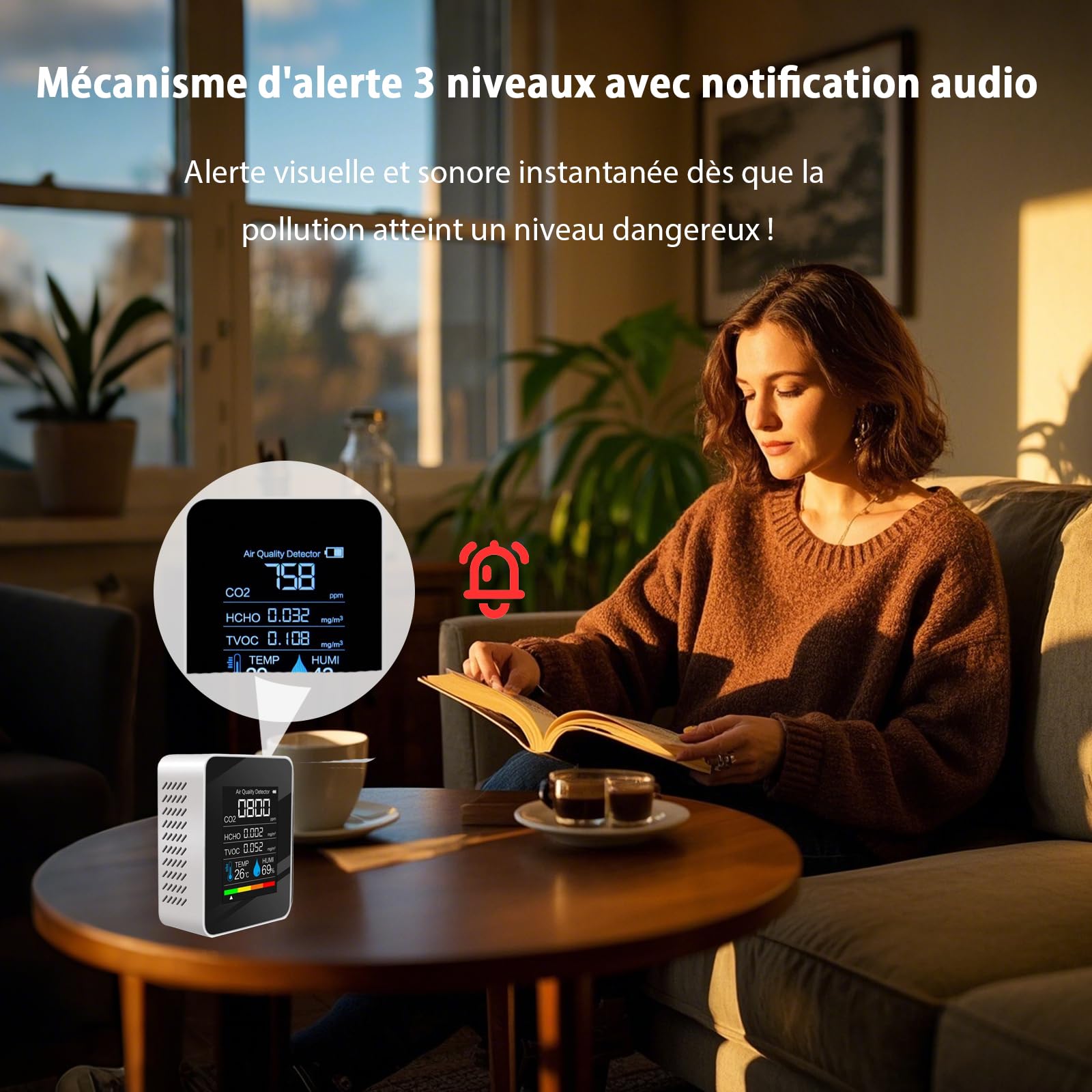 Professionnel Moniteur Qualité de l'Air 5-en-1 avec Capteur CO₂ – Mesure en Temps Réel : CO2, HCHO (Formaldéhyde), TVOC, Température et Humidité – Analyseur pour Intérieur Maison, Bureau, École
