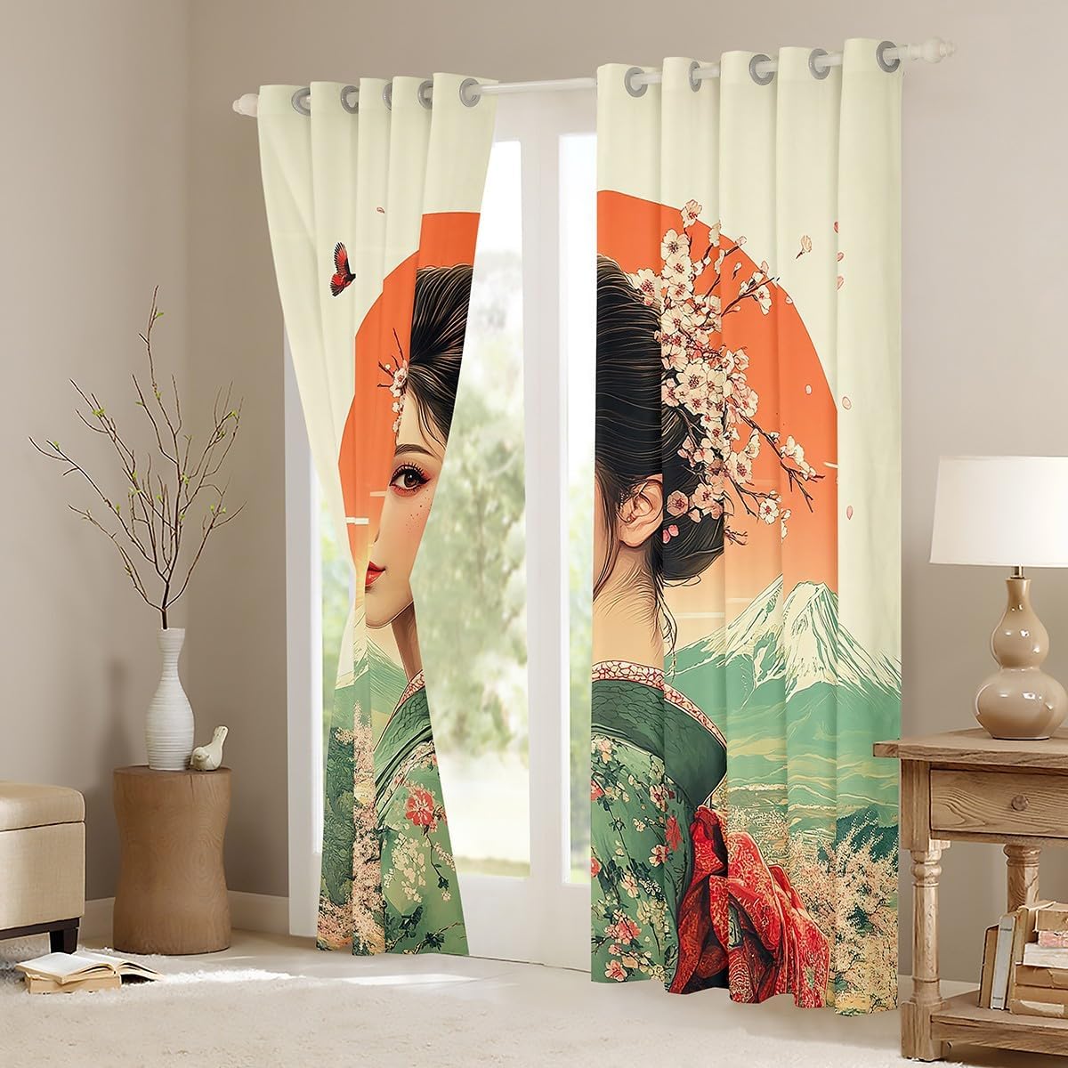 Erosebridal Geisha Curtain,Japanese Kimono Mt.Fuji 50% Blackout Curtains,Romantic Pink Cherry Blossom Window Treatments,Red Sunset Window Drapes 42''Wx63''L,2 Panels (Green,Pink,Gold)