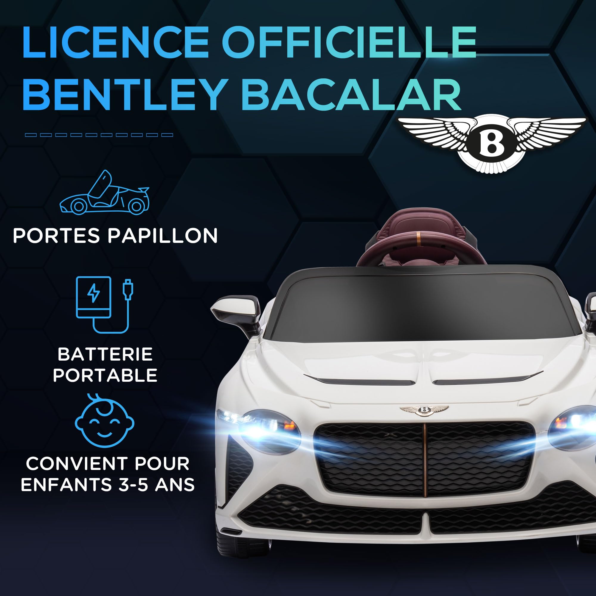 HOMCOM Auto elettrica per bambini 3-5 anni 2 motori 12V 25W Bianco | 3-5 km/h, telecomando 2.4G, MP3, clacson, 2 fari anteriori e 2 posteriori, ruote sospese, 2 porte apribili, Bentley Bacalar