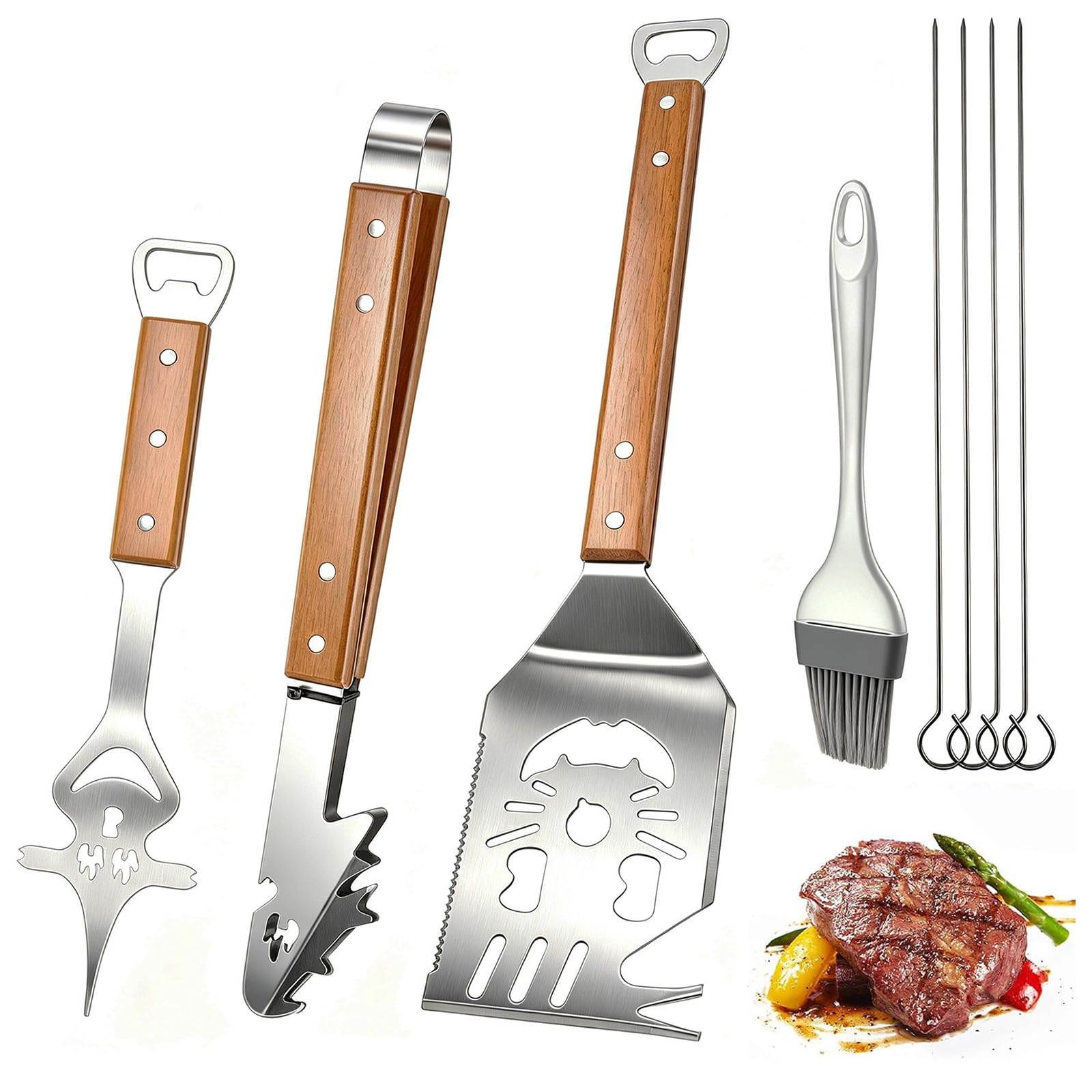 8Pcs Multifunctional BBQ Tools Set, Multifunction Grill Utensils with Spatula, Fork & Tongs, Brush, Barbecue skewers, for Grilling & Outdoor Camping