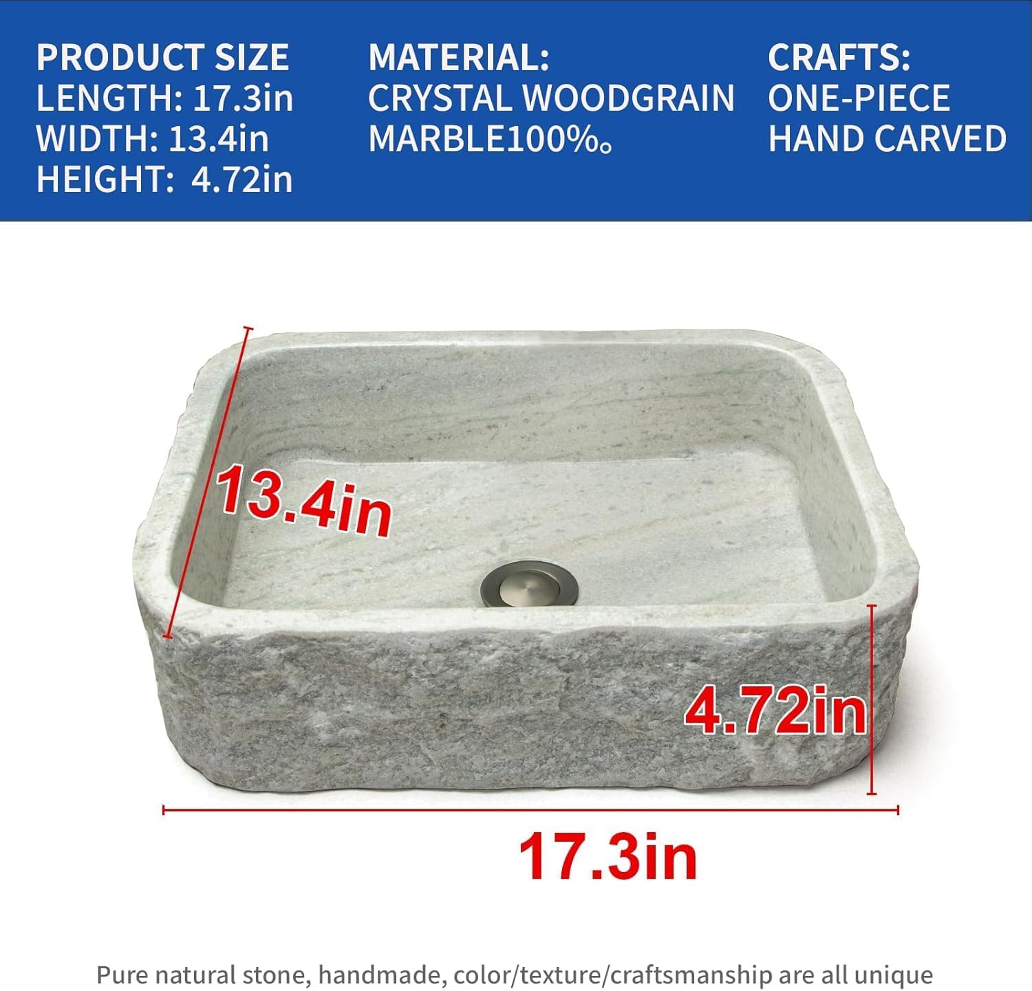 100% Handcrafted Stone Vessel Sink with Rectangular White Striped Design - Rustic Farmhouse Style for Bathroom Vanity or Countertop Medium Sized