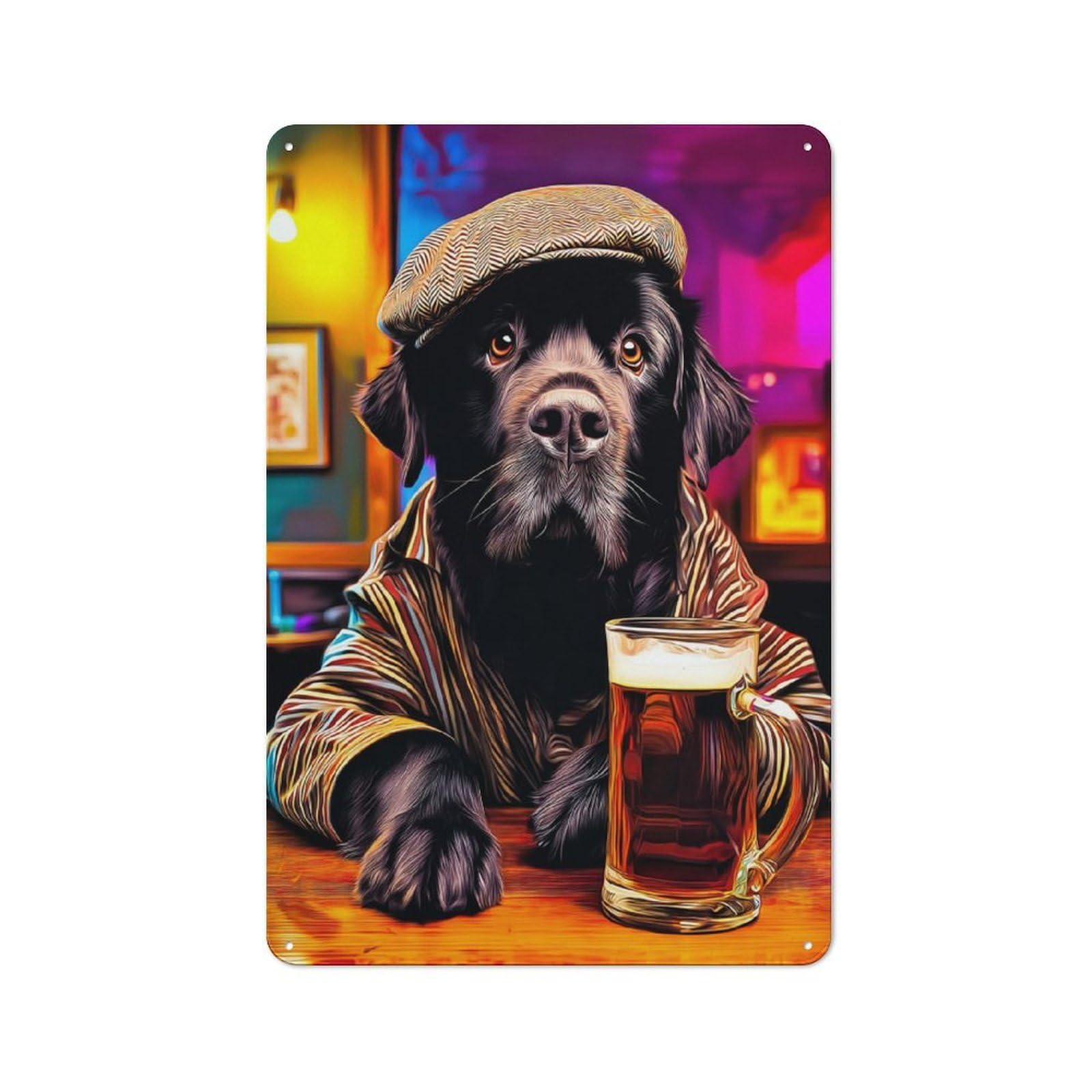 Junmoney Dog In Hat With Beer Mug -2 Tin Wall Plaque 30X20cm With For Pub Or Café, For Hospitality Wall Decor Collectors