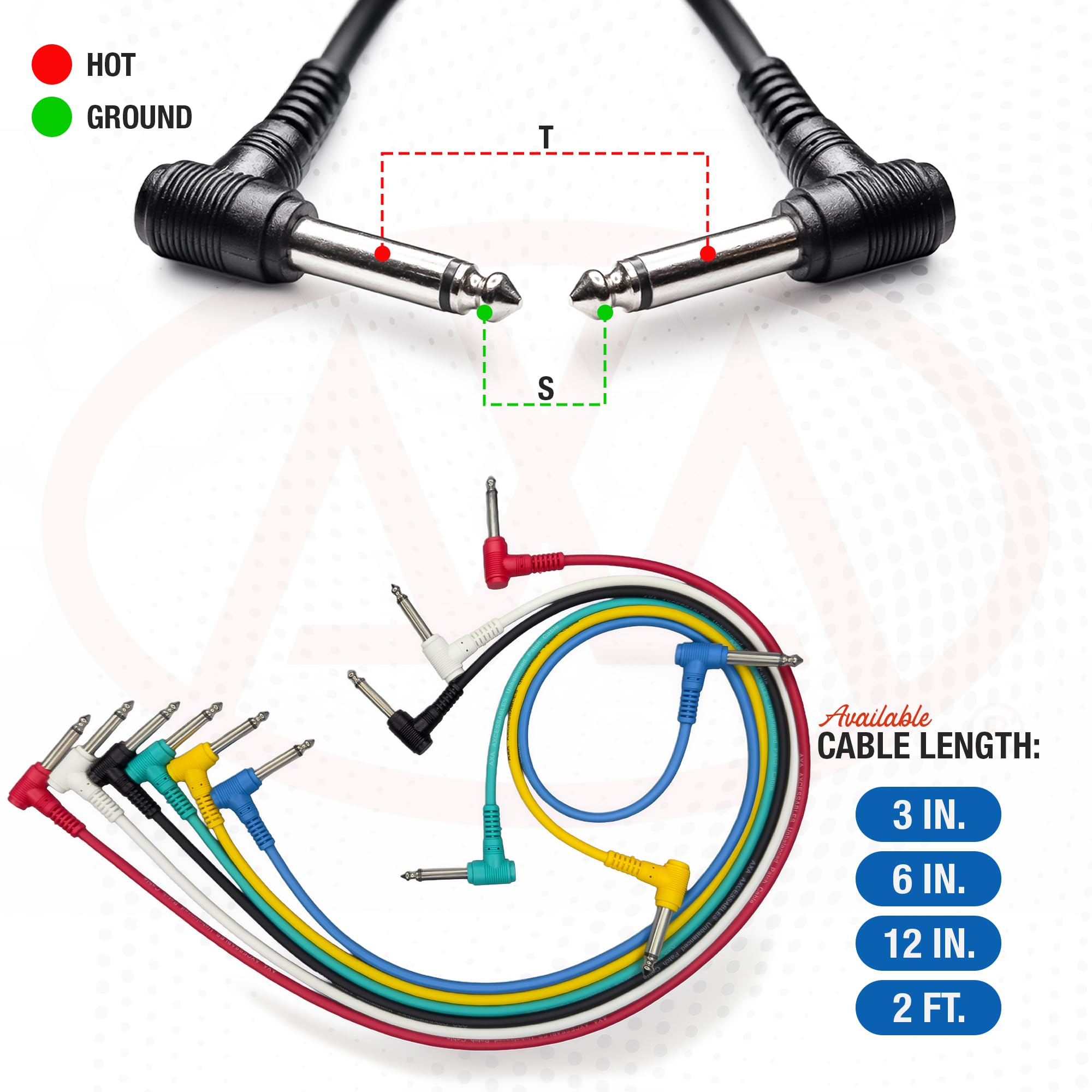 AxcessAbles - Cavo patch sbilanciato TS mono ad angolo retto ad angolo retto per chitarra, basso, pedaliera, mixer e apparecchiature audio, 6,3 cm, multicolore