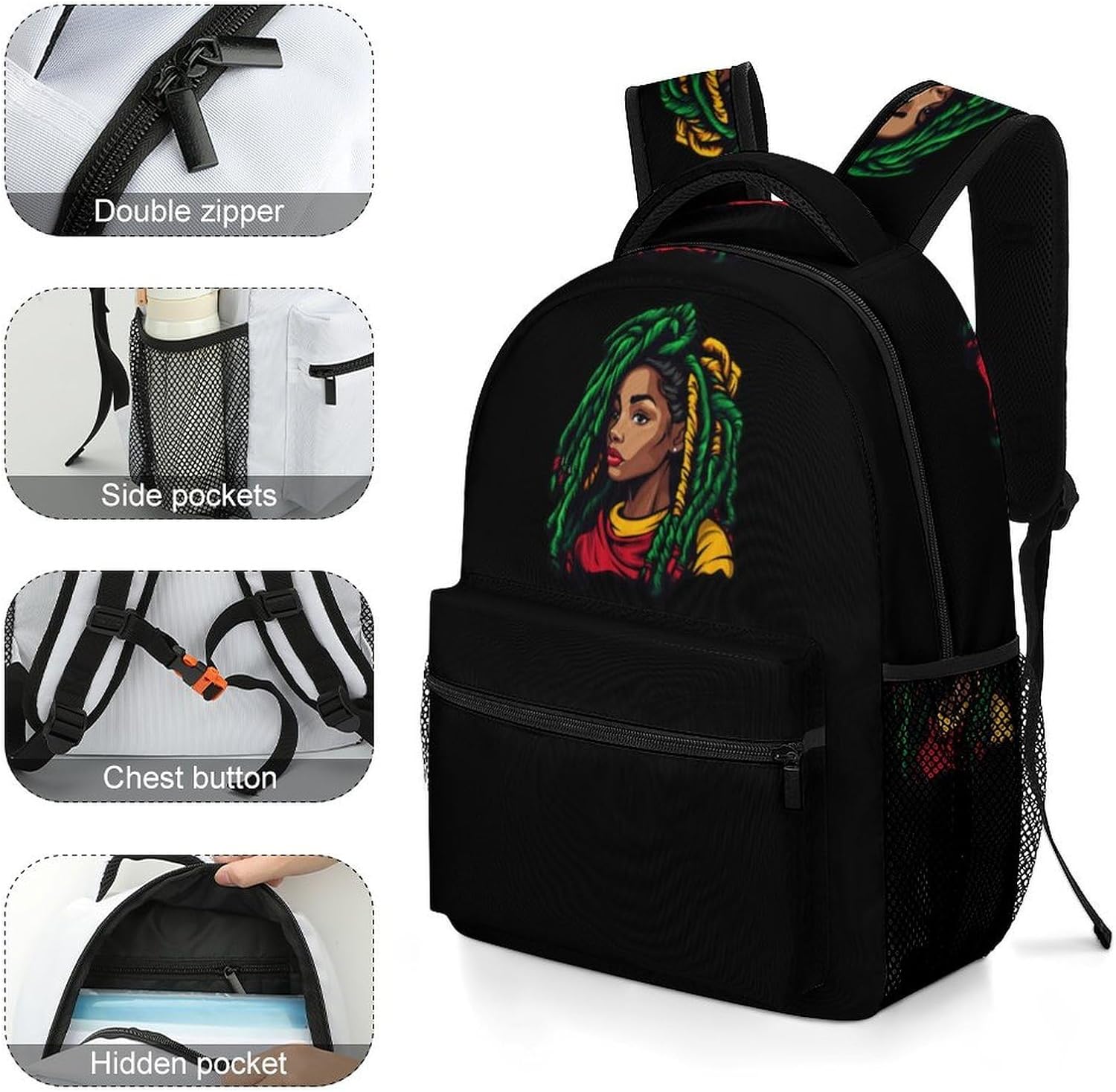 Rasta Colours Dreadlocks Woman Laptop Backpack Lightweight Travel Daypack Shoulder Bag for Men Women