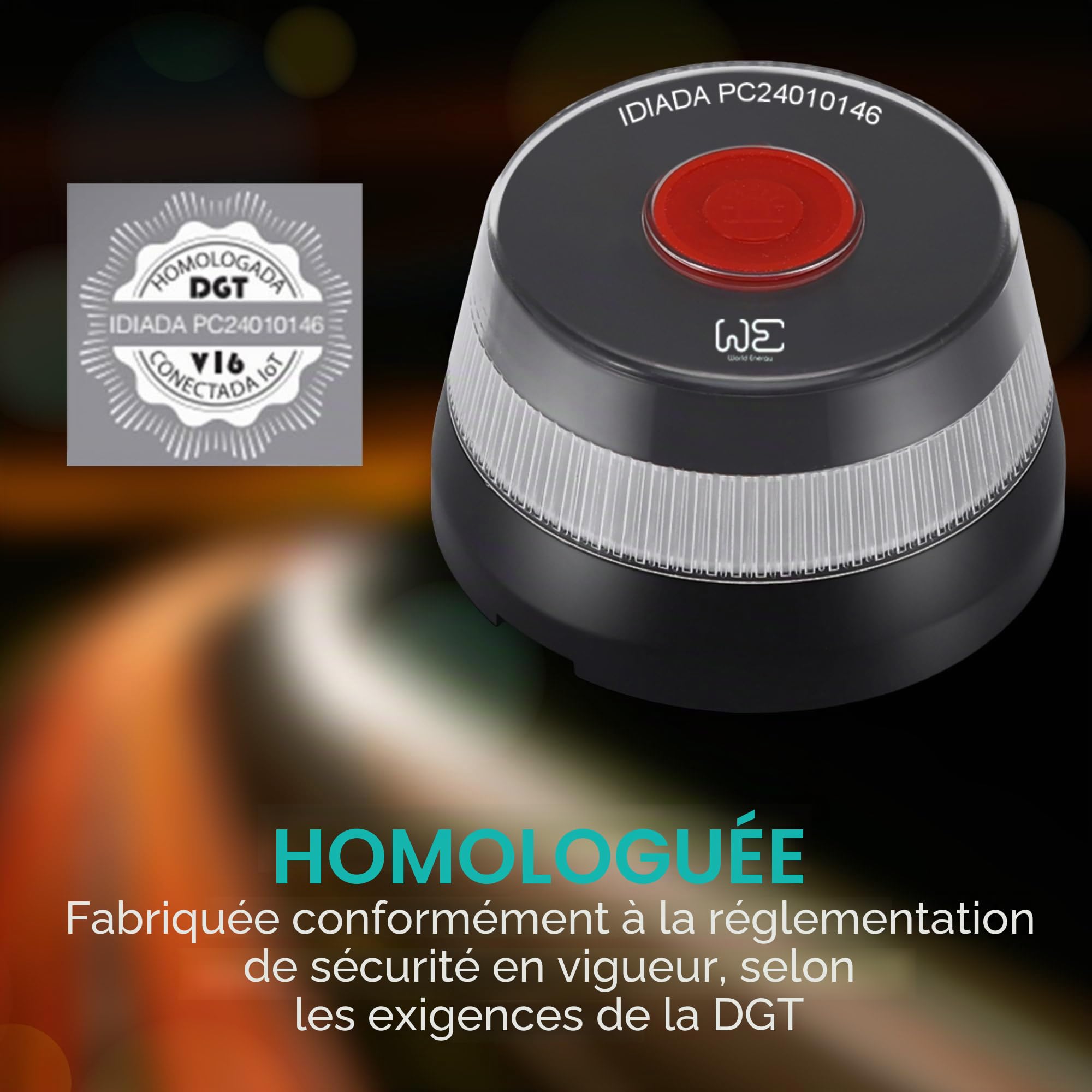 WE Kit de Balise d'urgence V16 + Adaptateur pour Fixation sur Surfaces Non magnétiques (Aluminium, etc)