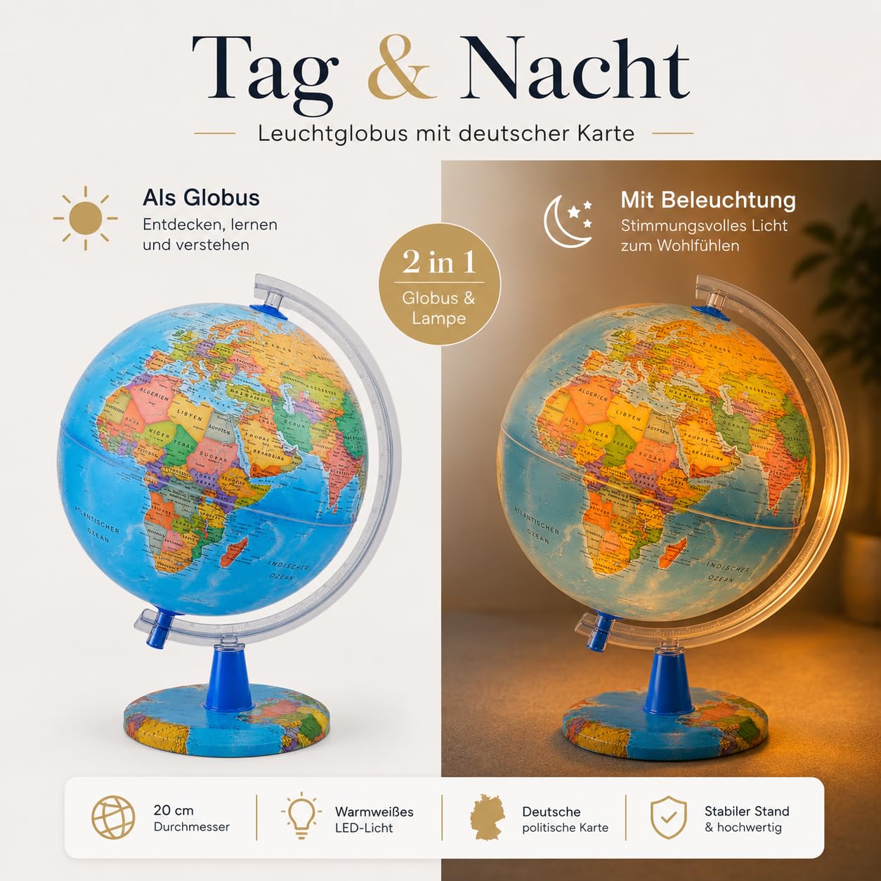 Leuchtglobus 20 cm Deutsche Karte Schülerglobus LED Licht | Mit USB C Beleuchtung 20 Markierpins Geschenkbox und klarem Druck für Schule Zuhause Büro und Reiselustige