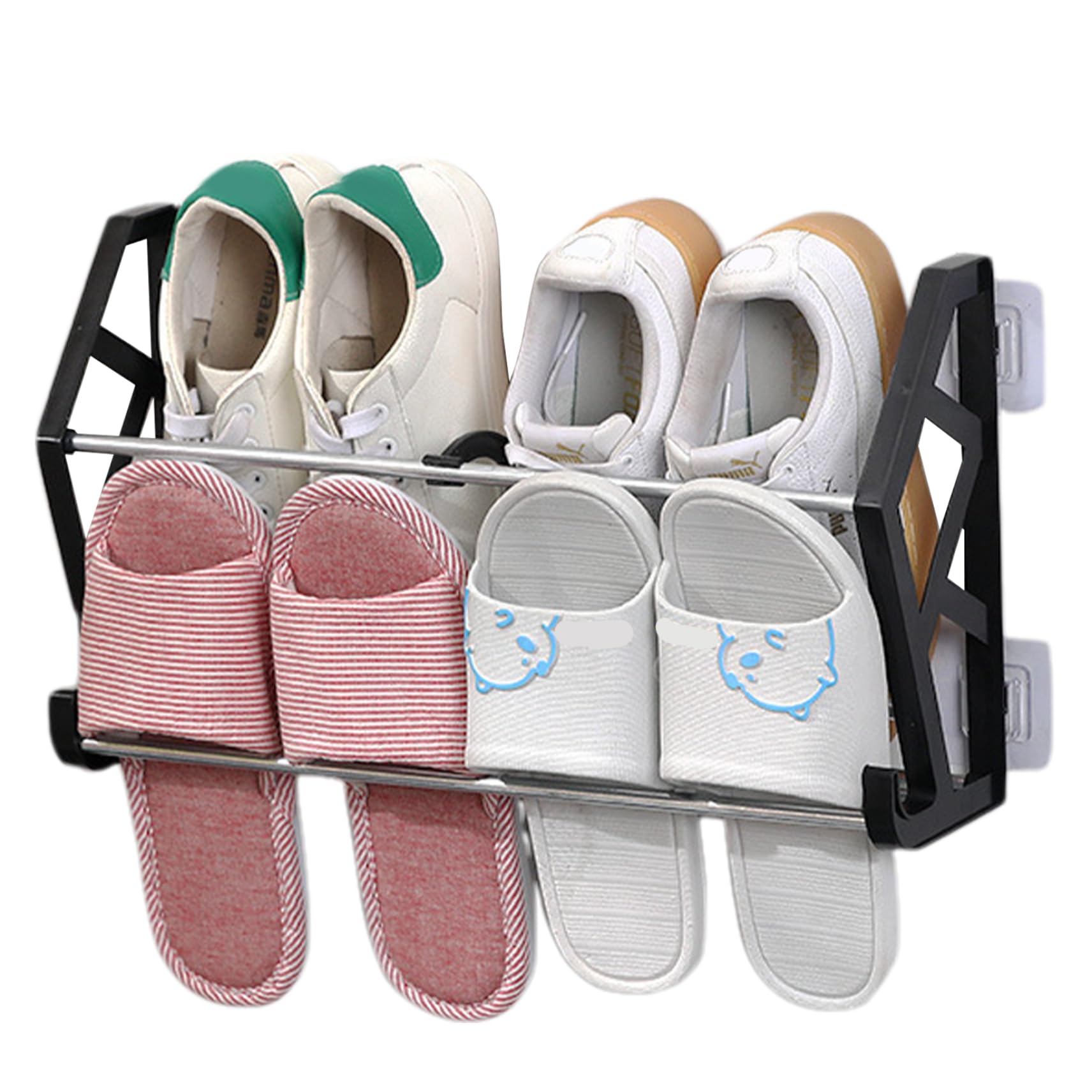 Veesper Wall Mounted Shoe Rack 2 Tier Heavy Duty Shoe Holder with Divider and Hooks Self Adhesive Multipurpose Organizer for Door Bathroom Hallway Entryway Closet