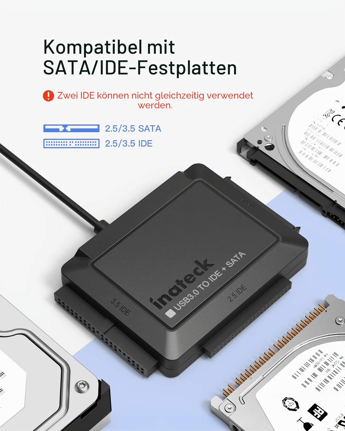 Inateck IDE SATA to USB 3.0 Adapter für 2.5/3.5 Zoll HDD/SSD Festplatten, mit 12V/2A Stromversorgung, SA03001