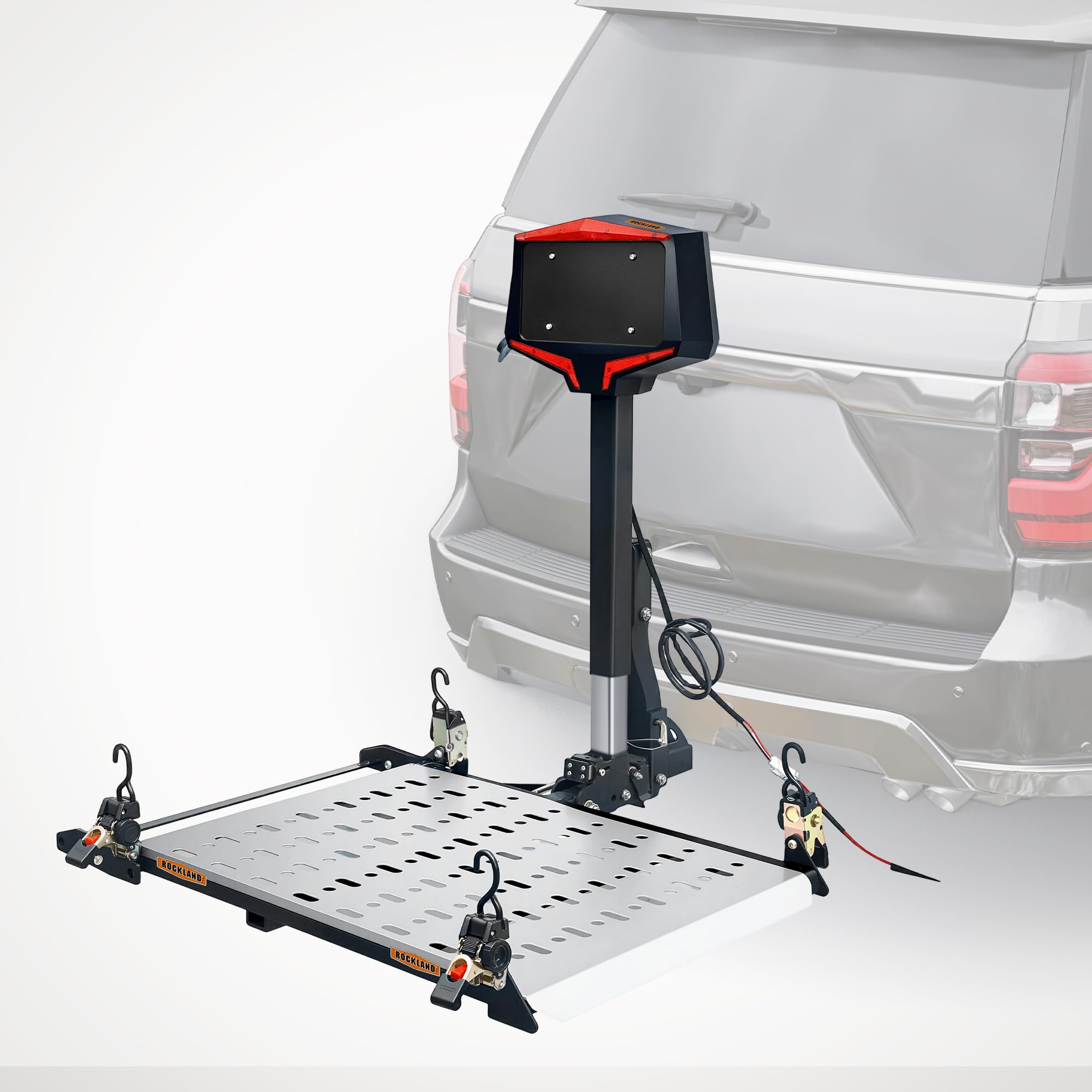 Rockland Foldable Electric Wheelchair Carrier, 350 lbs Capacity, Hitch Mount Wheelchair Lift with Retractors, LED Warning Light, Manual Backup Crank and Plate Holder, Fits 2