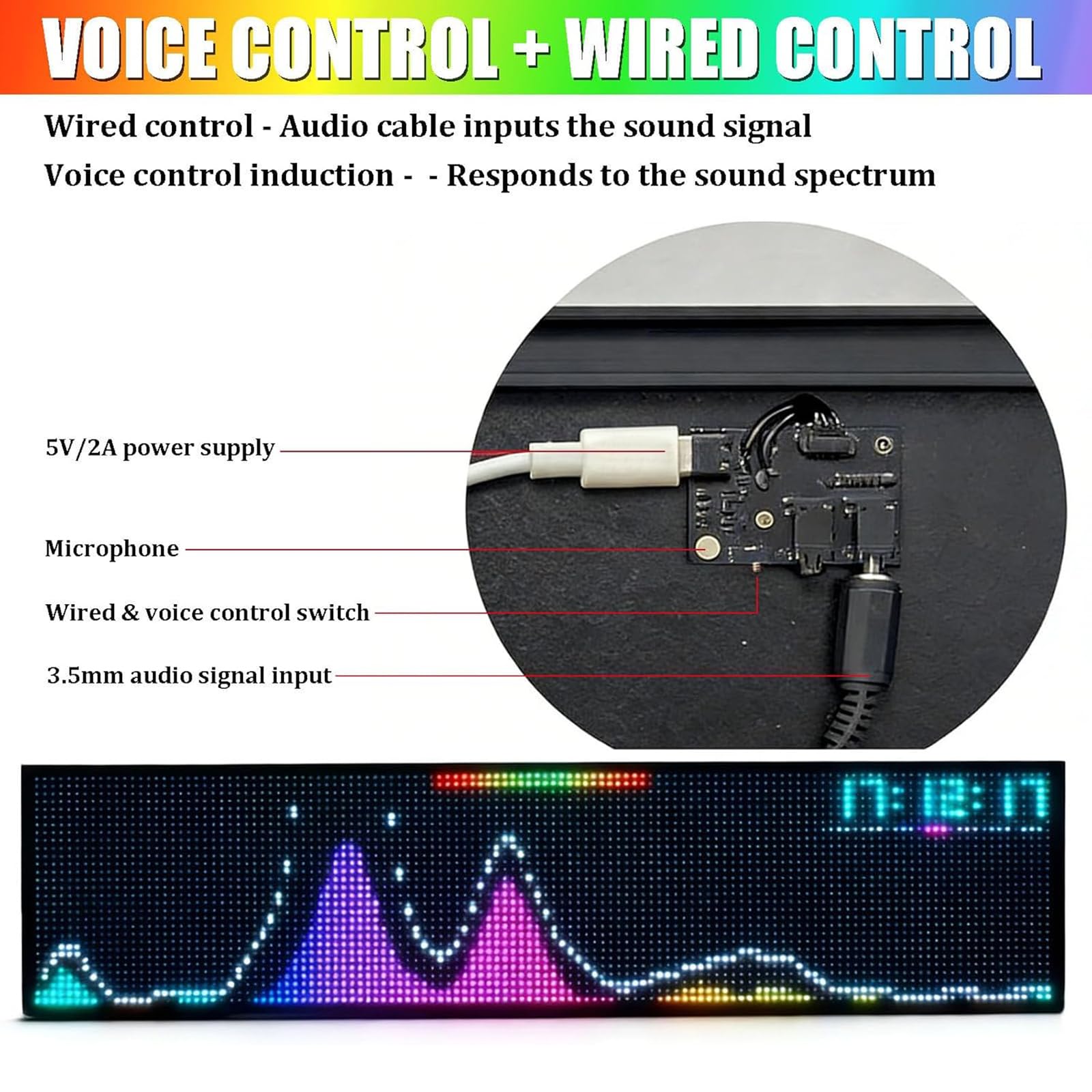 Visualizzatore di spettro musicale a LED con sensore vocale e orologio, display 128 x 32, 36 stili, 4 gamme di frequenza, 16 colori RGB - perfetto per musicisti e appassionati di audio