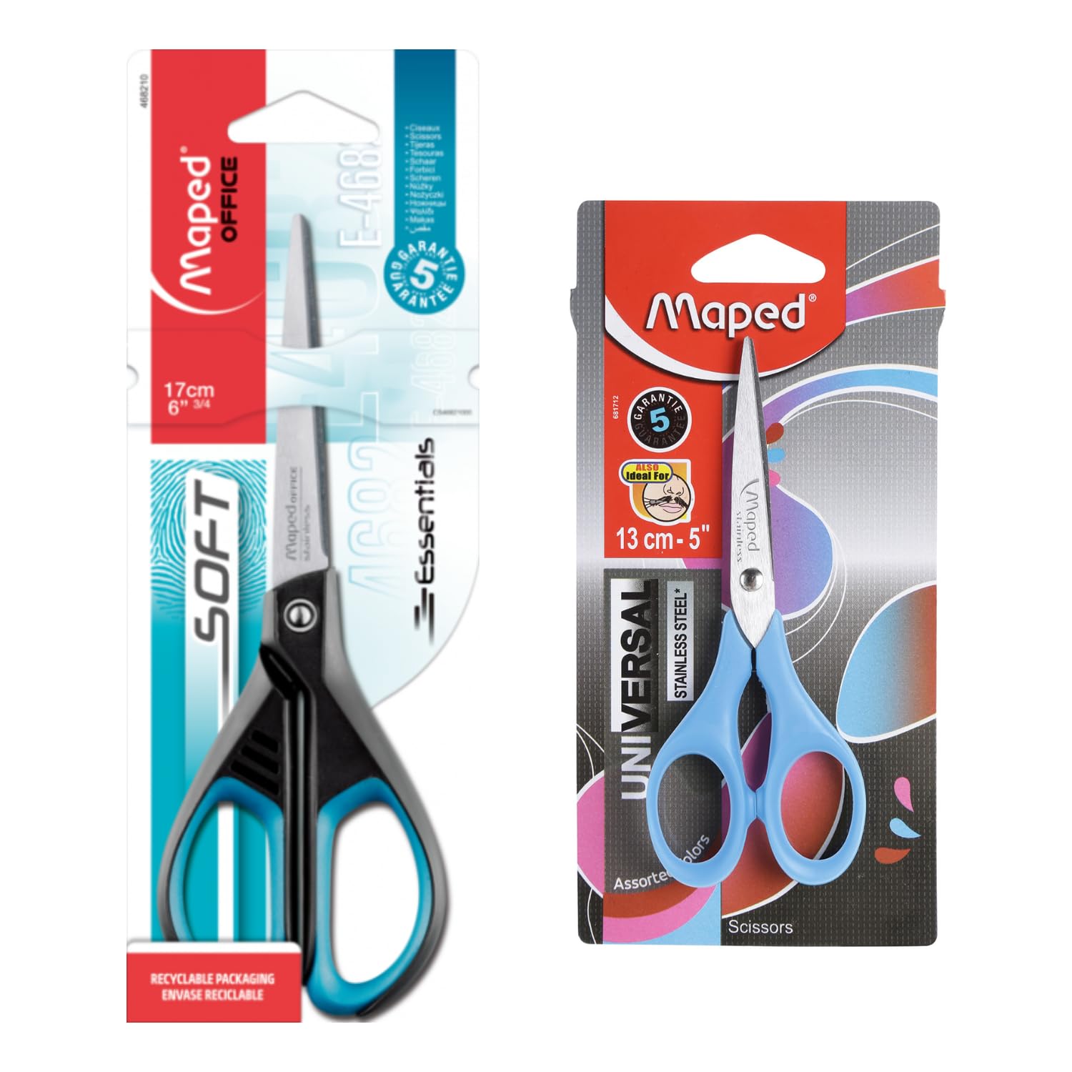 Maped Scheren-Set – 2-teilig, Mehrzweckschere, Universalschere, 13 cm (blau) und essentielle weiche Schere 17 cm, super bequemer Griff, robuste Edelstahlschere
