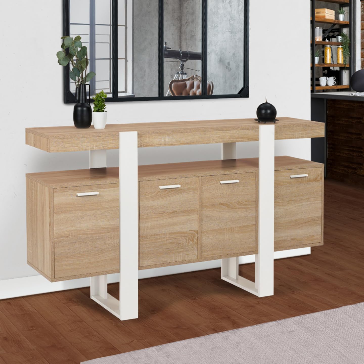IDMarket - Buffet 160 cm Phoenix XXL 4 Portes Bois et Blanc
