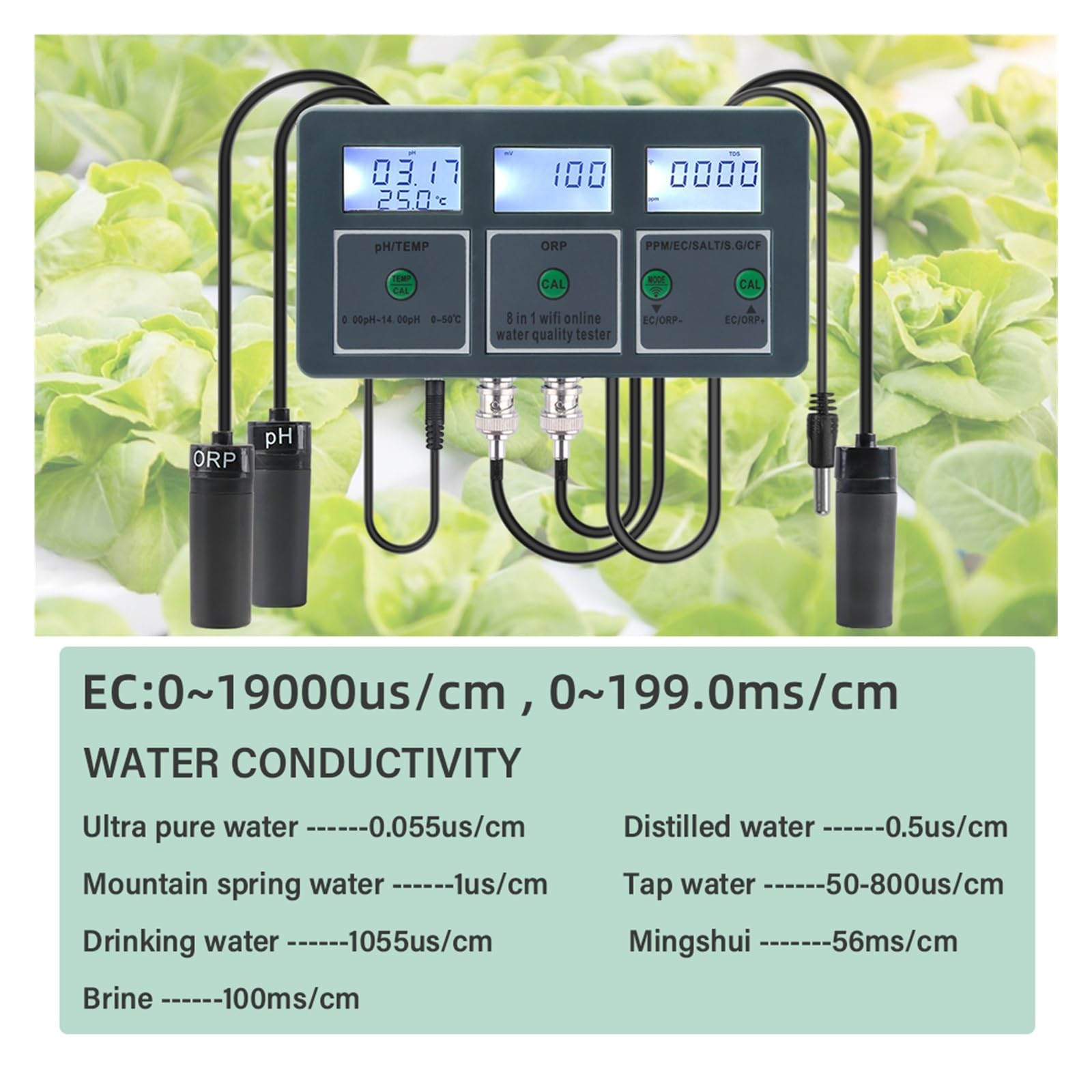 WiFi Smart PH ORP TDS EC Monitor de temperatura de sal medidor en línea controlador de acuario Probador de calidad del agua registrador de datos Digital