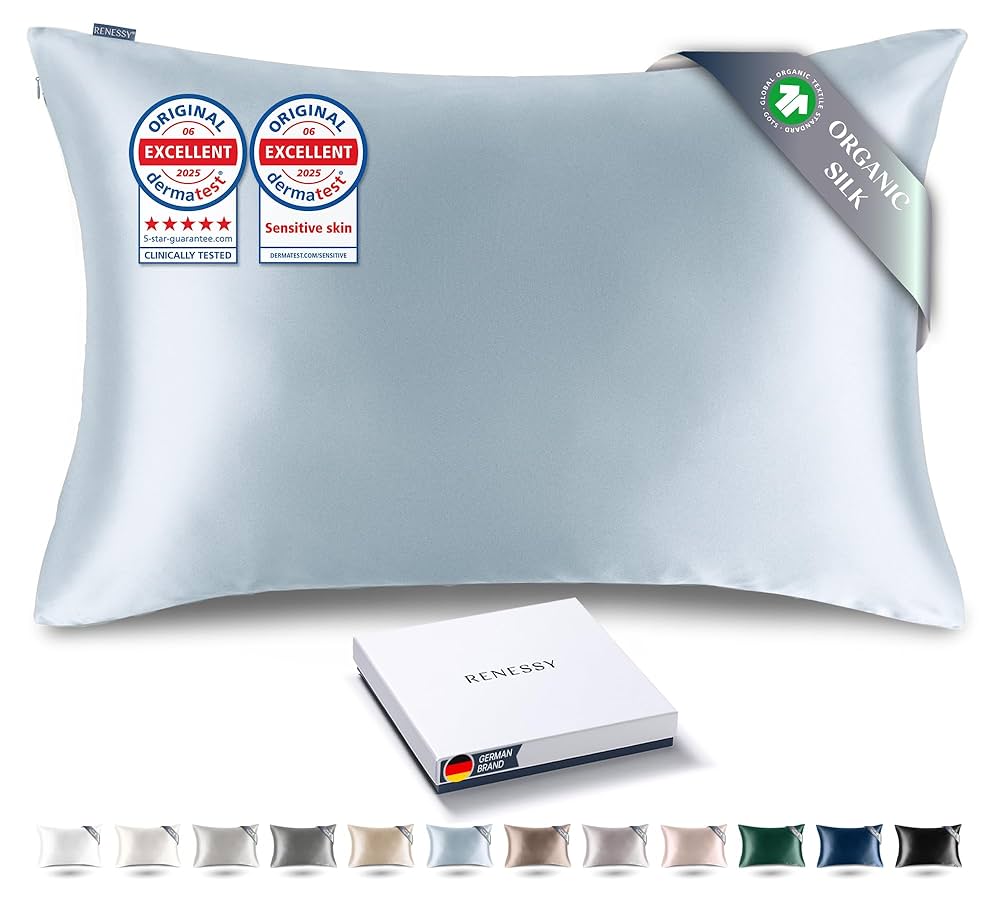 Premium Silk Pillowcase 100% Organic Mulberry Silk, 22 Momme, Grade 6A - Oeko-Tex Certified in Germany - Luxury for Hair & Skin, 1 Piece (Standard Size 20x26 Inches, Cloud Blue)