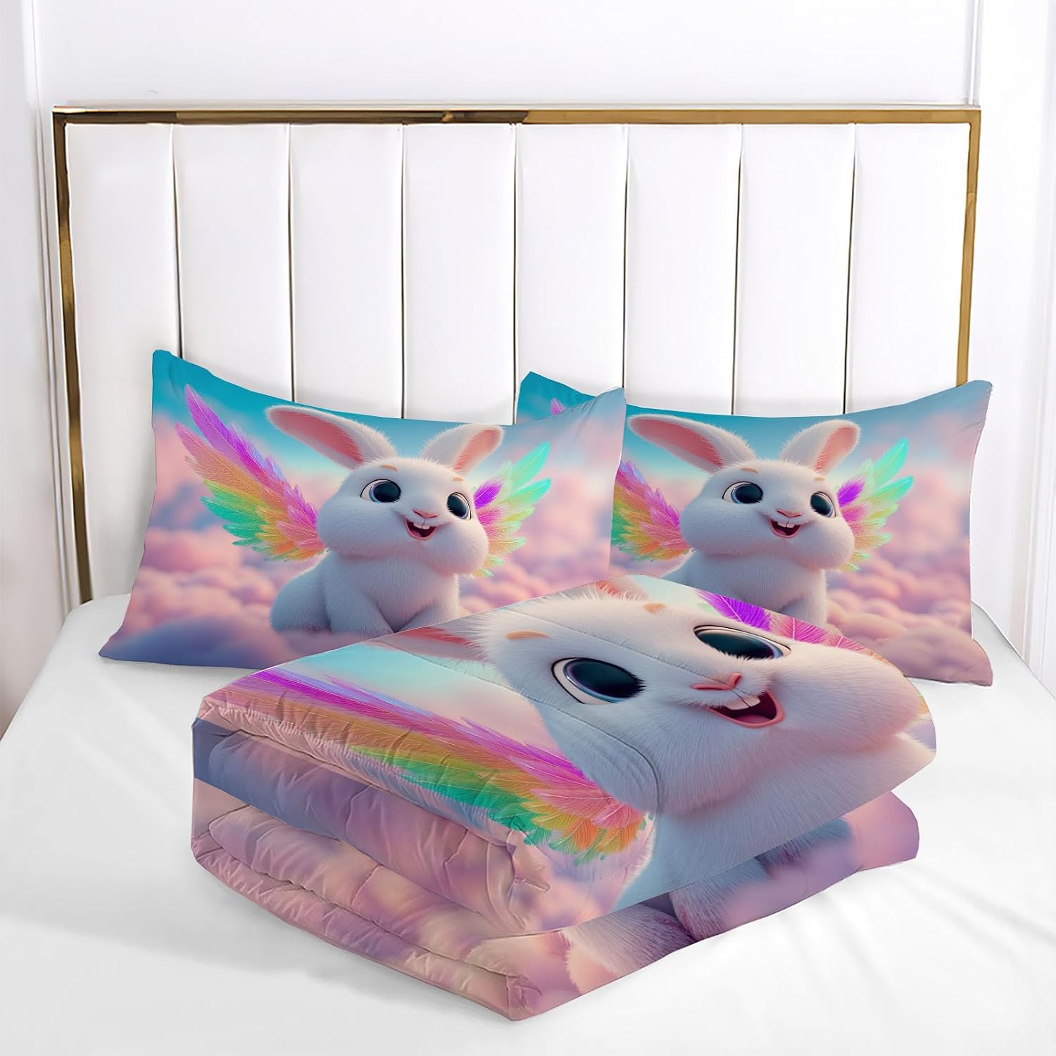 Pink 90" x 90" Duvet, Reversible Coverless Children Boys Girls 3 Duvet, Queen Washable Quilt 7.5 Tog for All Seasons, Rainbow Feathers Animals Comforter with 2 Pillowcases