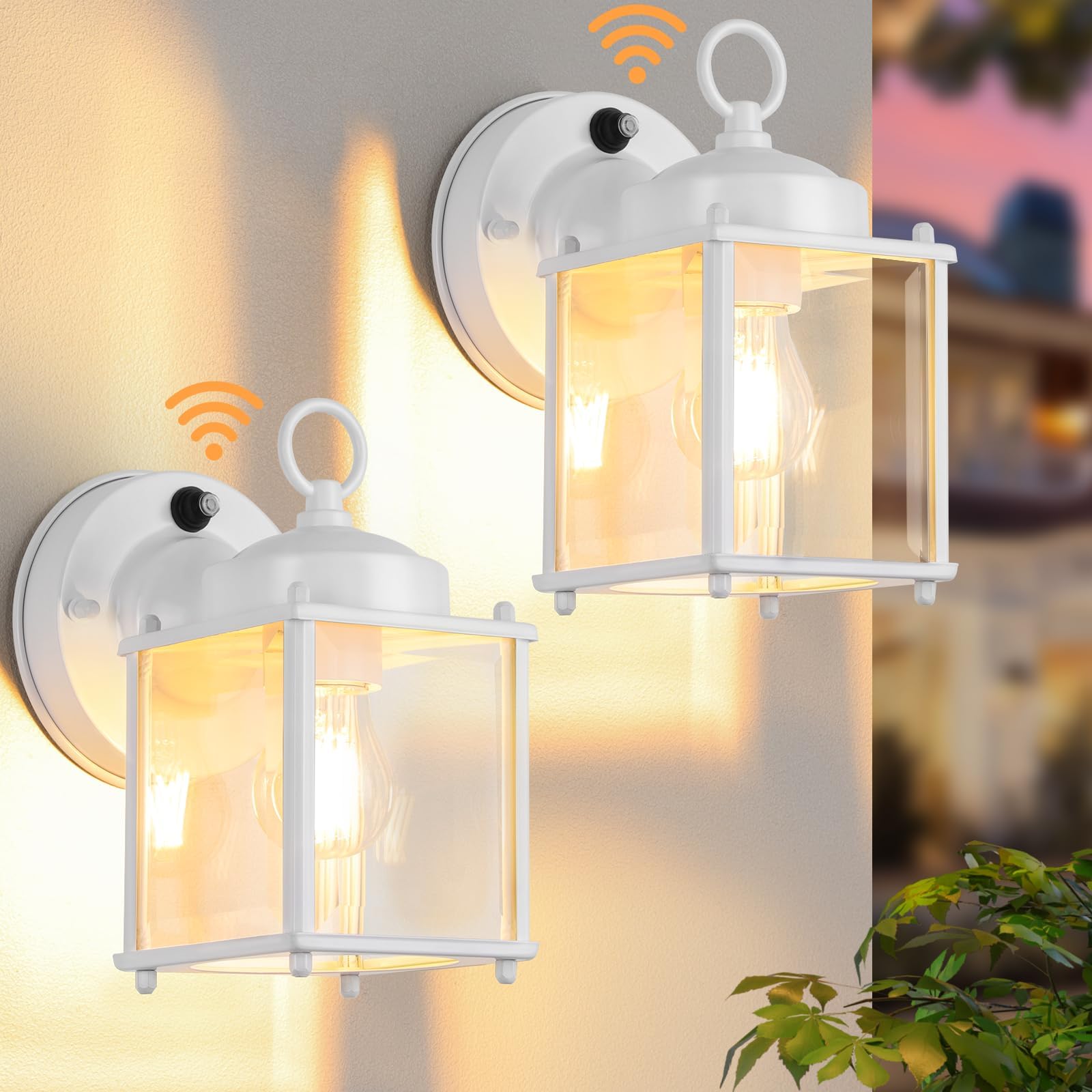 Dusk to Dawn Sensor Outdoor Wall Sconce, Exterior Waterproof Porch Wall Mount Lanterns, White Front Door Lights with Beveled Glass, 2 Pack