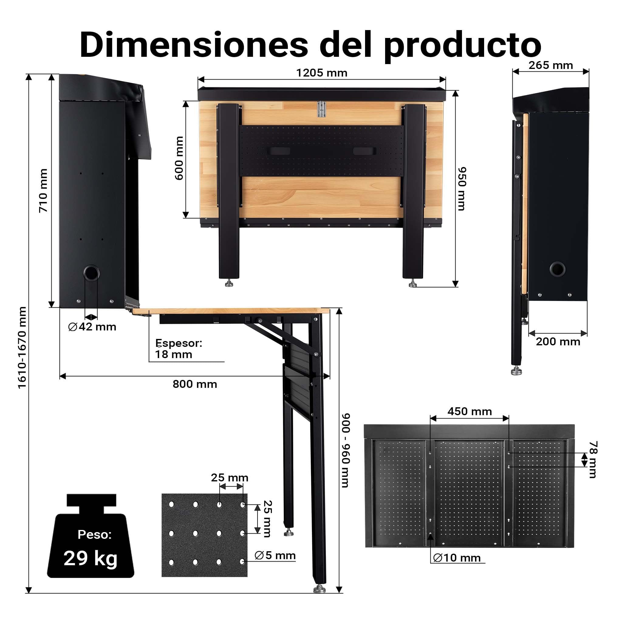 Wiltec Banco de Taller Plegable Montaje en Pared Carga hasta 200 kg Tablero de Mesa de Madera Maciza