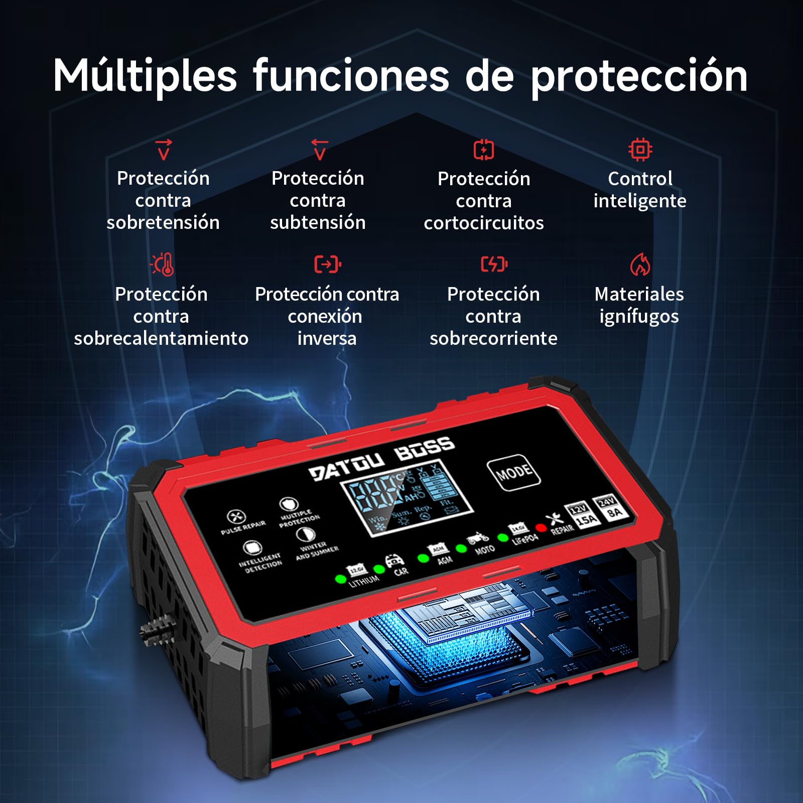 DATOUBOSS Cargador de Batería de Coche 15A 12V/24V, Cargador Baterias Coche Inteligente con Reparación y Compensación Térmica, para Moto Coche Barco, para LiFePO4 Plomo-Acido AGM Gel (12V 15A/24V 8A)