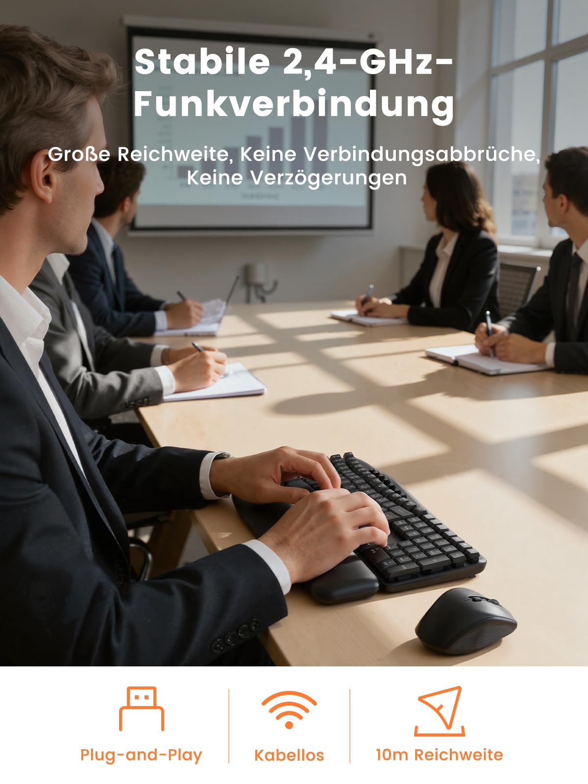 Juego de teclado y ratón inalámbrico, 30 dB silencioso, teclado ergonómico con teclas Wave y reposamuñecas suave, interruptor de sistema dual para Windows/Mac, ideal para equipos de negocios y oficina