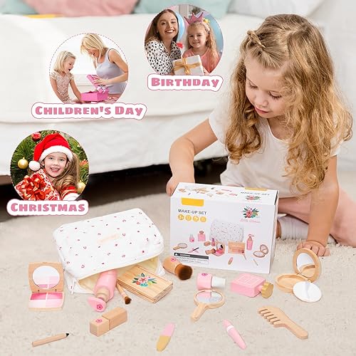 Miniatura 7 de Juego de juguetes de maquillaje de madera, 15 piezas de maquillaje de simulación para niñas pequeñas, juego de salón de belleza con sombra de ojos,