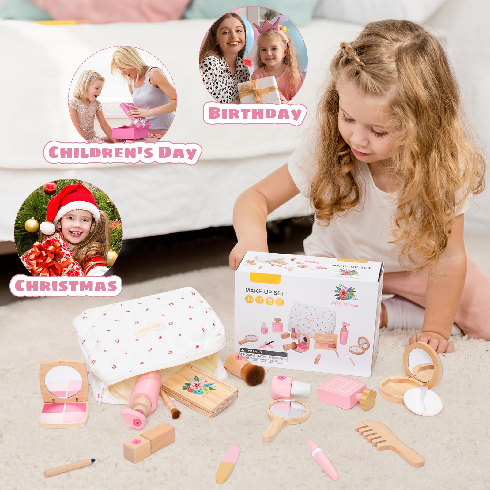 Schminkset Kinder Holz – 15-teiliges Premium Holzspielzeug Kosmetiktasche mit Lippenstift, Lidschatten, Spiegel & Parfüm – Montessori Frisiertisch Zubehör Rollenspiel Geschenk für Mädchen ab 3 Jahren