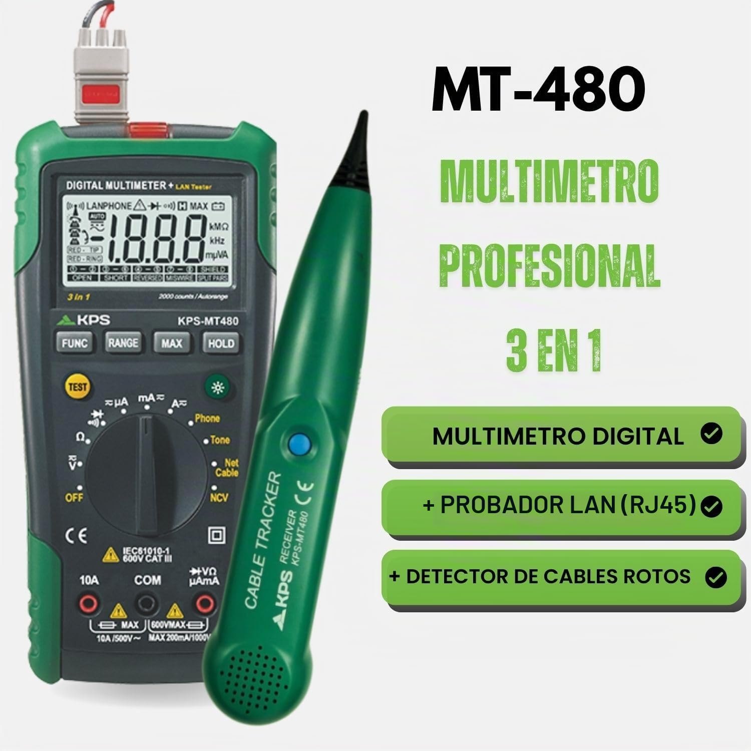 MT480 Multímetro Digital Profesional | Localiza roturas y cables enterrados, verifica continuidad, voltaje AC/DC y el estado del cableado con rapidez.