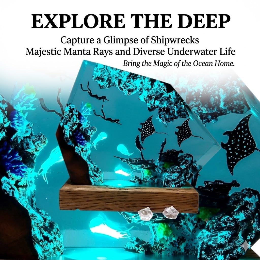 Lampa z żywicy oceanicznej, ręcznie wykonana lampka nocna z drewna epoksydowego z wielokolorową diodą LED, dekoracja biurka z biologii morskiej, wyjątkowe prezenty dla miłośników oceanu