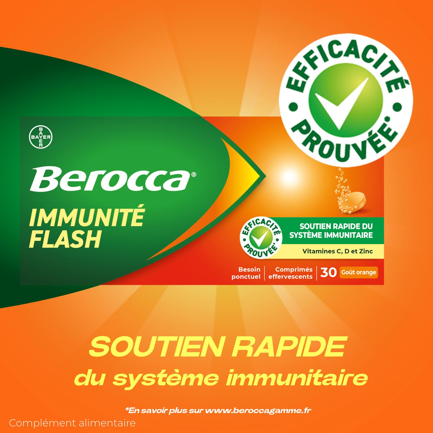 Berocca Immunité Flash - Soutient Système Immunitaire - Complément Alimentaire Immunité - Zinc, Vitamine D & C - Multivitamines et Minéraux - Goût Orange - Maxi Format 60 Comprimés Effervescents