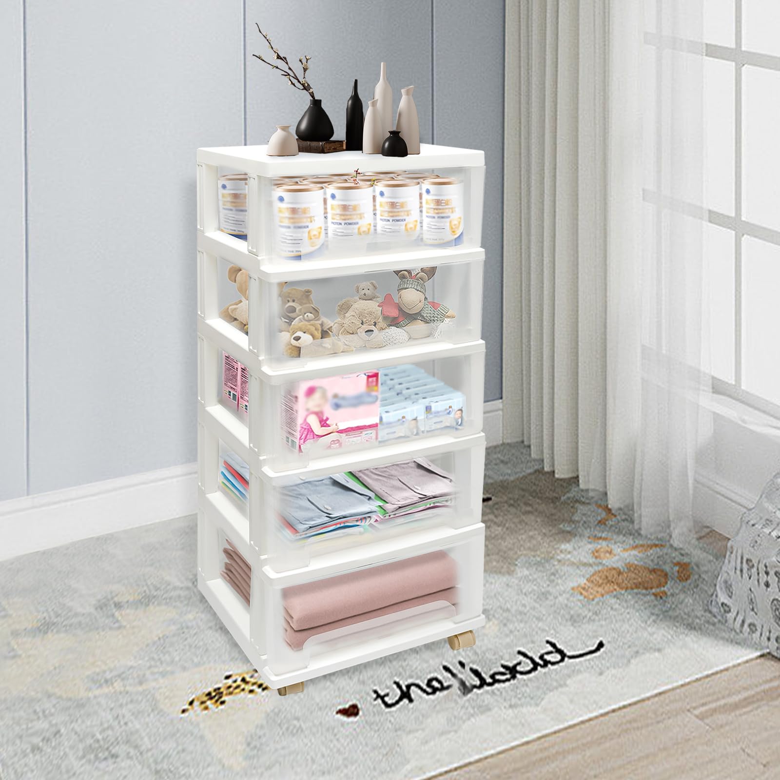 Cassettiera bianca | Cassettiera con 5 cassetti in plastica trasparente per scrivania, ufficio, cassetti, scatola con cassetti (bianco)