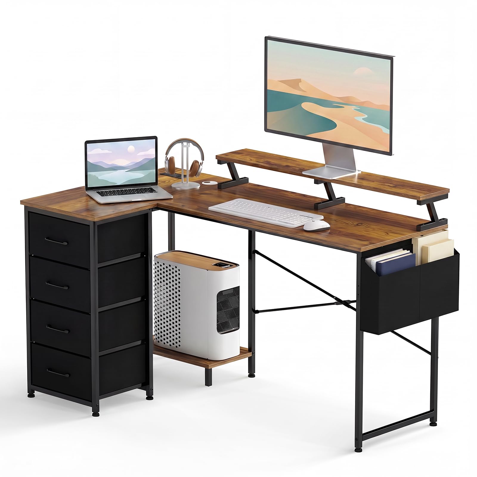 Levede Corner Desk with Storage, L Shaped Corner Computer Desk with Drawers, Charging Station & Ergonomic Monitor Stand, Home Office Study Desk, Walnut, 140x80x87cm