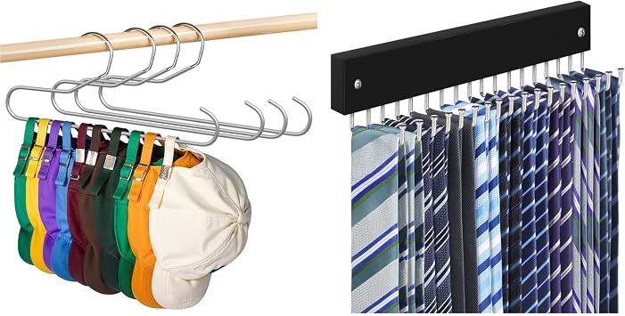 Hat Storage Organizer for Baseball Caps Non Slip PVC Coating Hat Rack Hangers for Closet Grey 4 Pack, Tie Rack Belt Hanger Wall Mounted 180 Degree Rotating Belt Organizer Black 1 Pack
