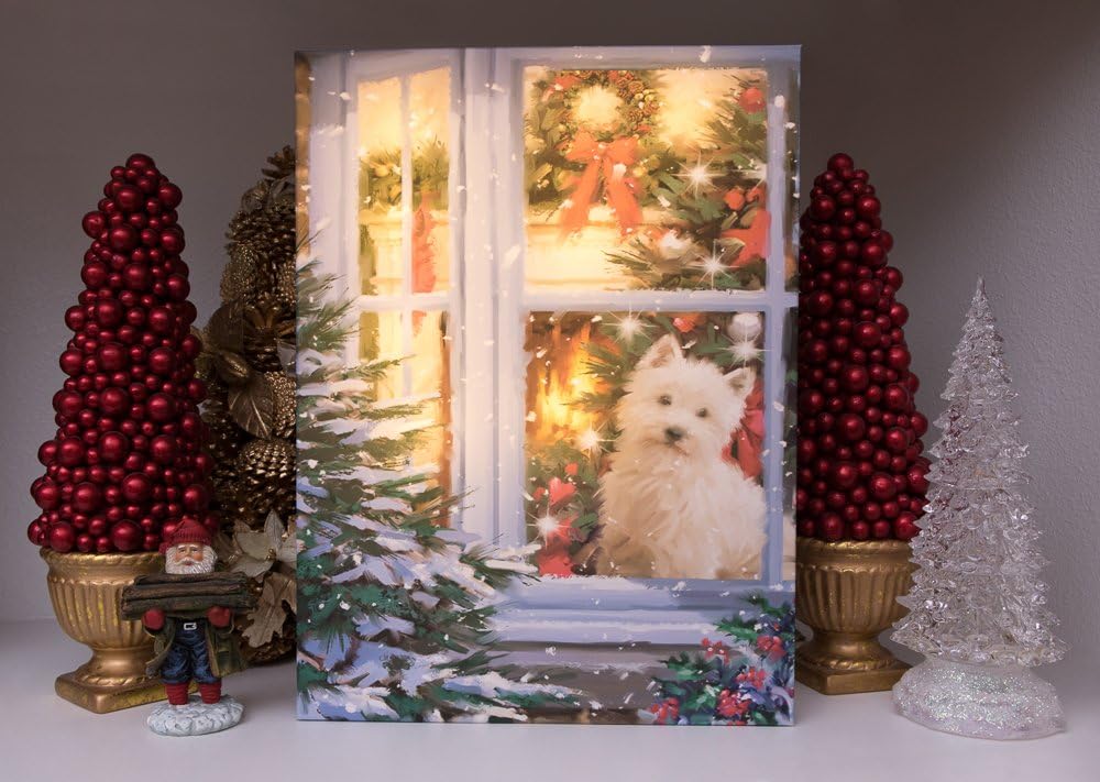 Clever Creations 16 x 12 Inch Christmas LED Wall Canvas Art Home Decor, Light Up Battery Operated Snowy Winter Scene, Puppy Dog