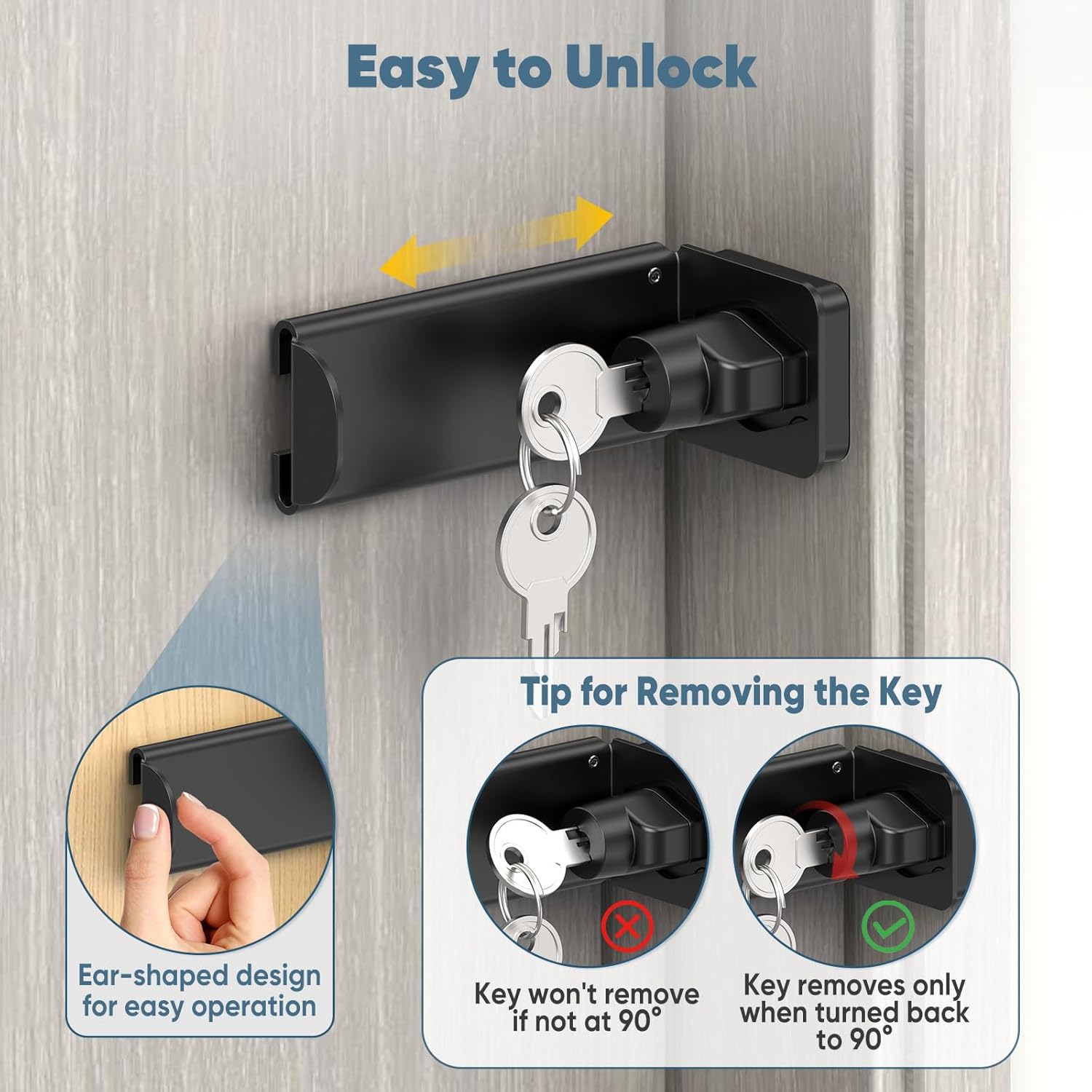 90 Degree Right Angle Door Locks, 3.3 Inch Thickened Sliding Hasp Latch for Inward Opening/Closet/Shed/Barn Door, Cabinet - Heavy Duty Latch for Home Security (Black, 3.3In with Key-1PC)