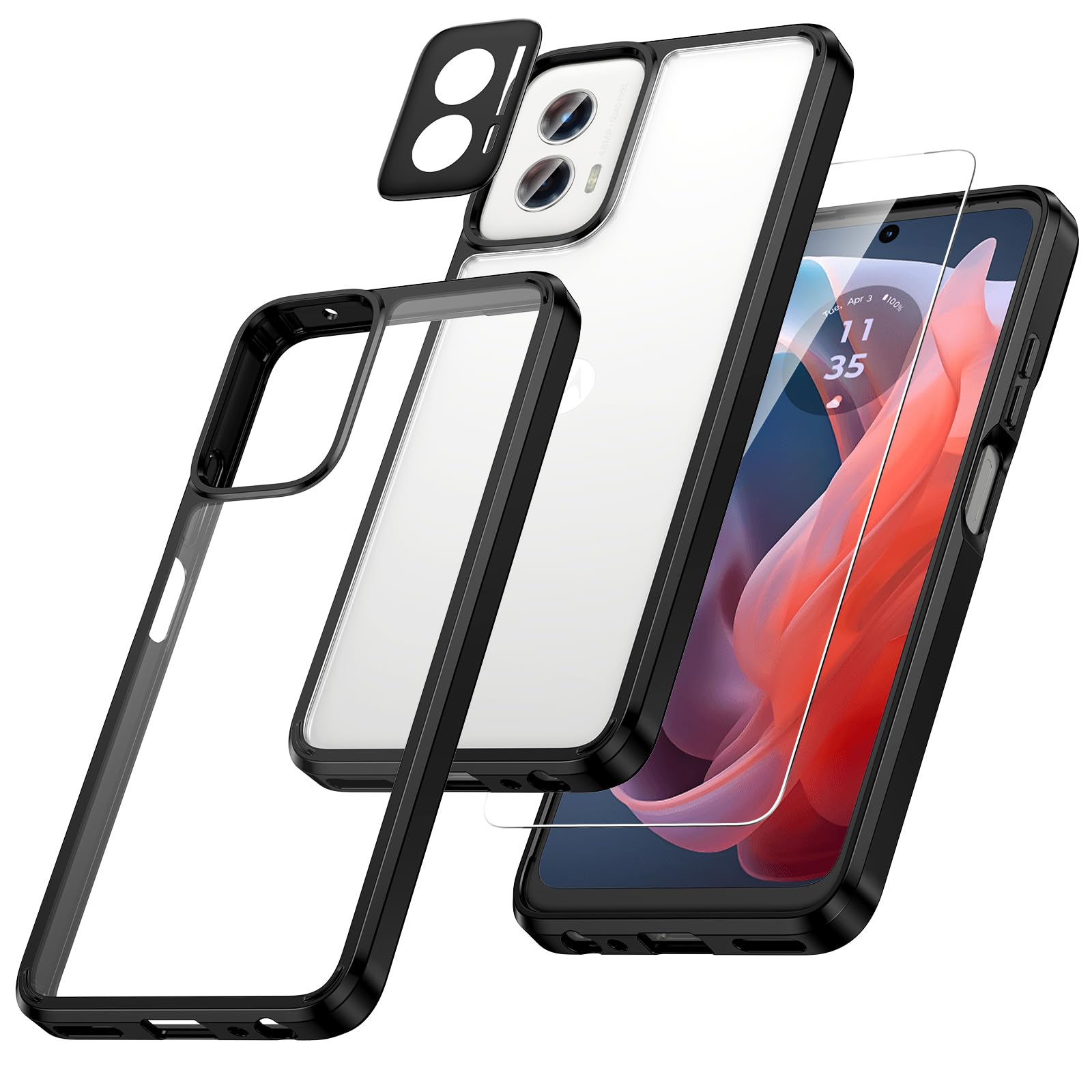 Maxdarafor [3 in 1] Moto G Power 5G 2024 Clear Case with Glass Screen Protector and Camera Lens Protector Slim Cover - Black Clear