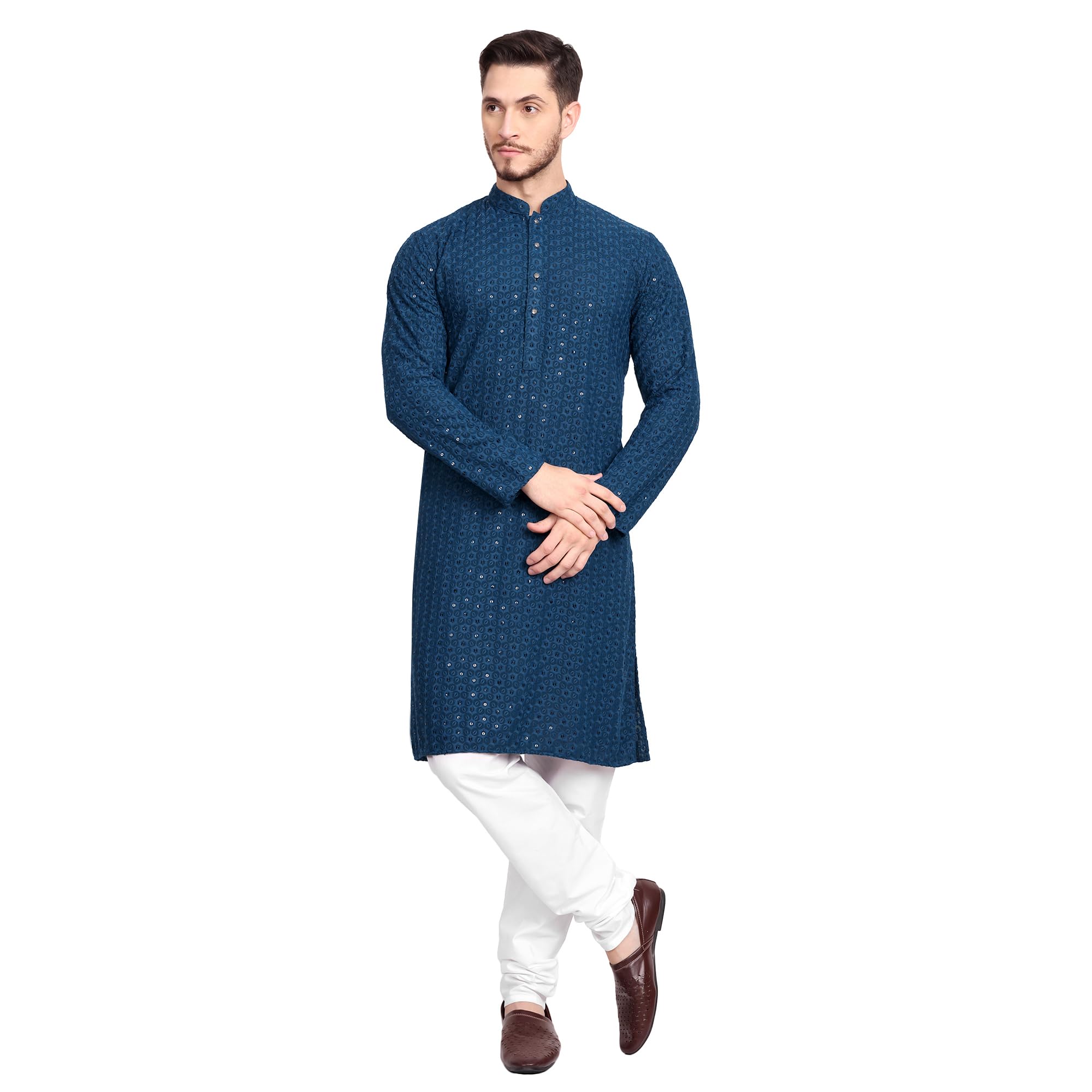 excent Rayon Stylish Ethnic Wear Full Chikankari Sequin Embroidery Mirror Work Traditional Straight Kurta Pyjama Set for Men, 44 Size, Blue-picture-11