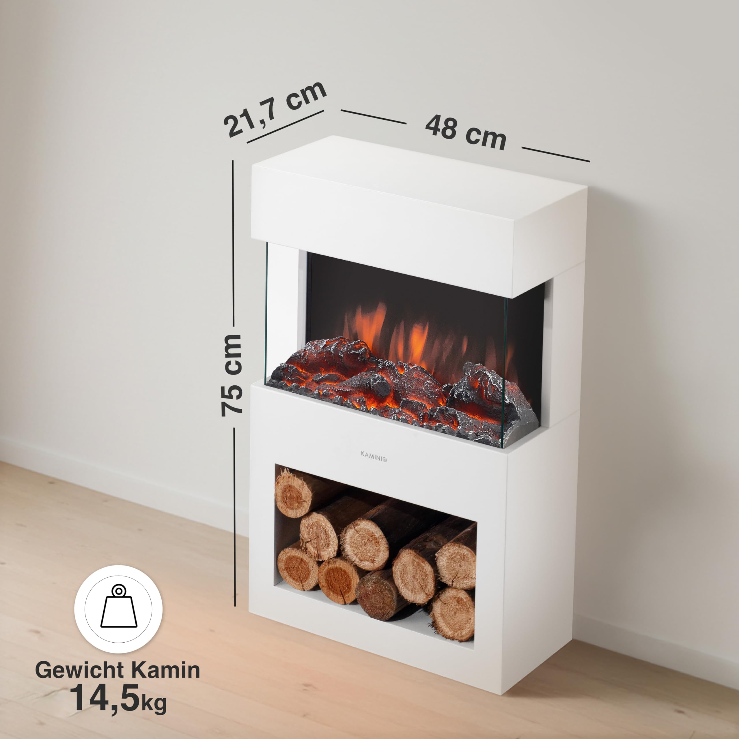 KAMINIO Elektrokamin Henri - Elektrischer Kaminofen mit Heizung, 3D-Flammeneffekt, Holzfach, LED-Ambientelicht, Fernbedienung (Weiß)