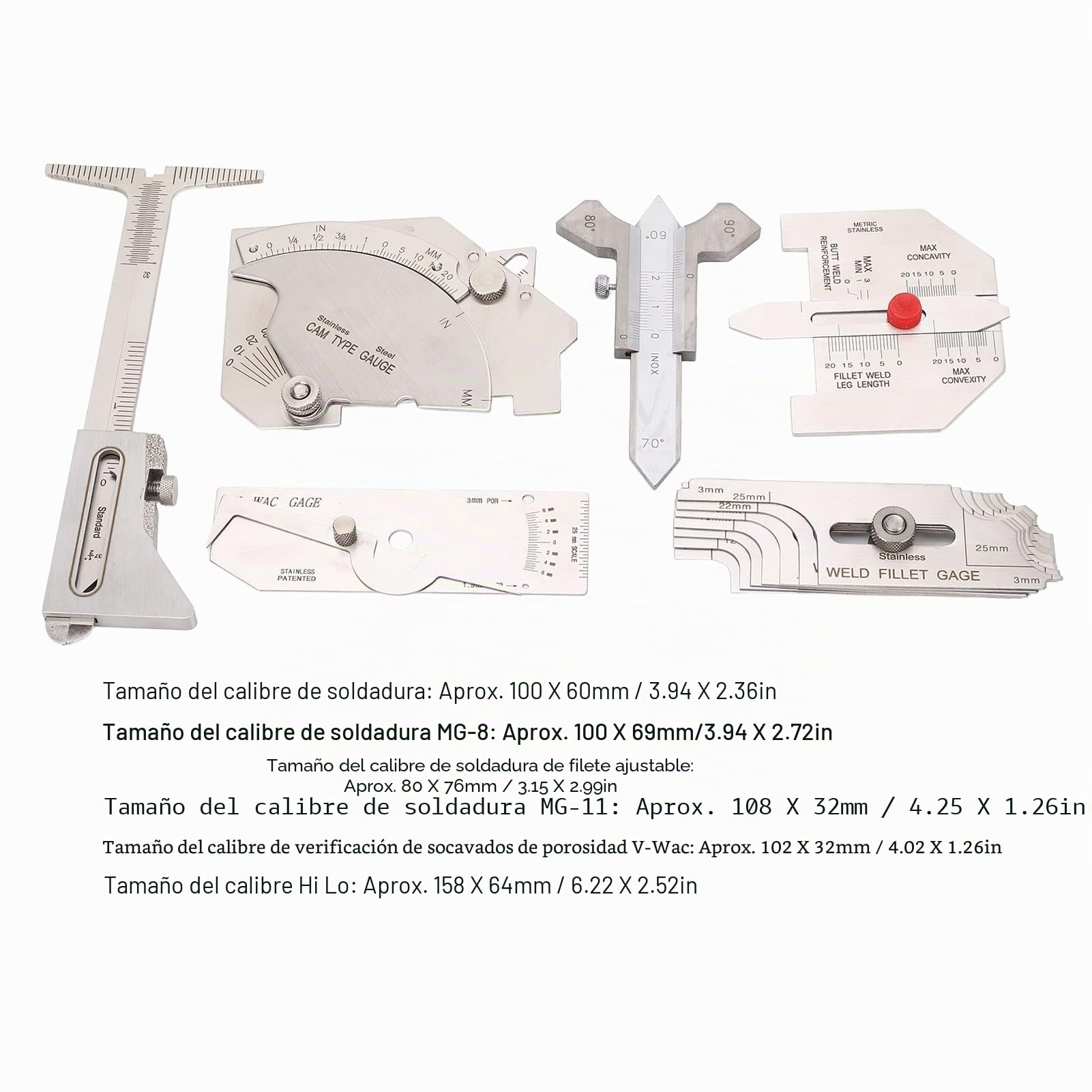 6Pcs Juego de Galgas Soldadura, Calibradores de Soldadura de Filete Herramienta de Medición de Ángulo