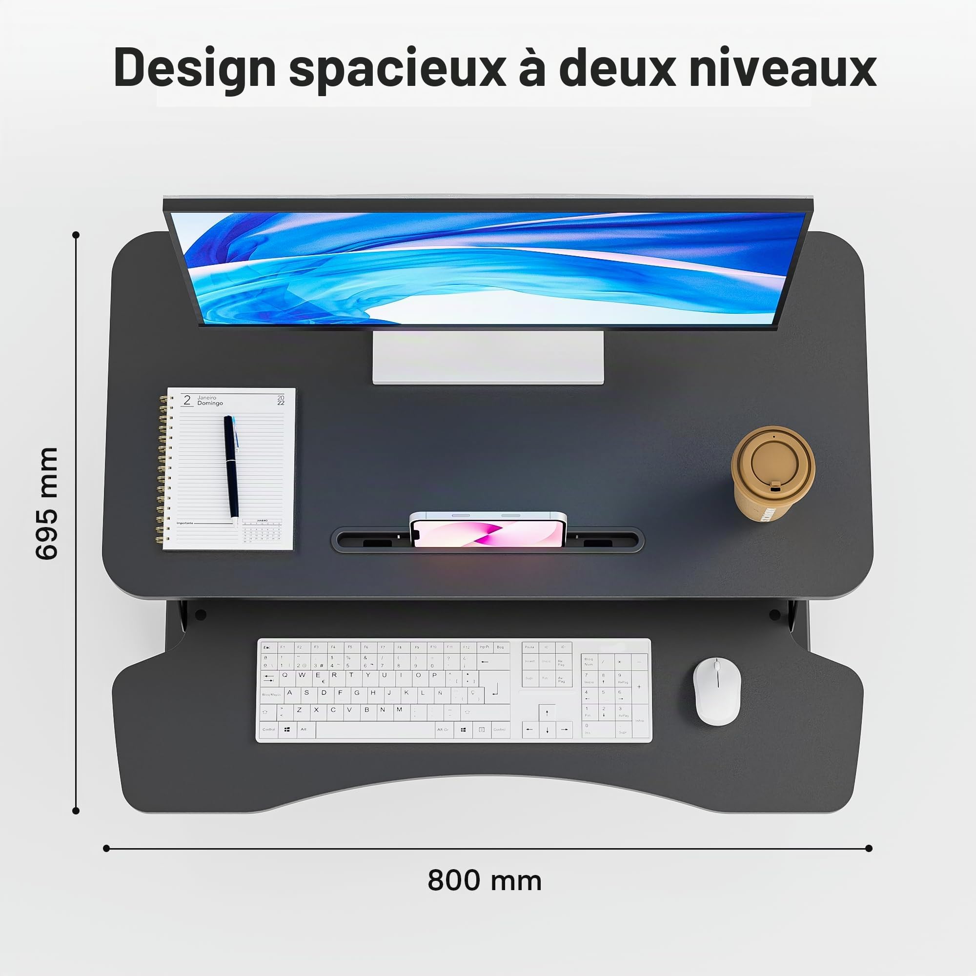 BONTEC Bureau Assis-Debout Réglable en Hauteur, Convertisseur de Bureau Standing Desk avec Plateau Clavier Amovible, Plateforme 80x40cm, Capacité 15kg, Bureau Travail Debout, Rehausseur Bureau