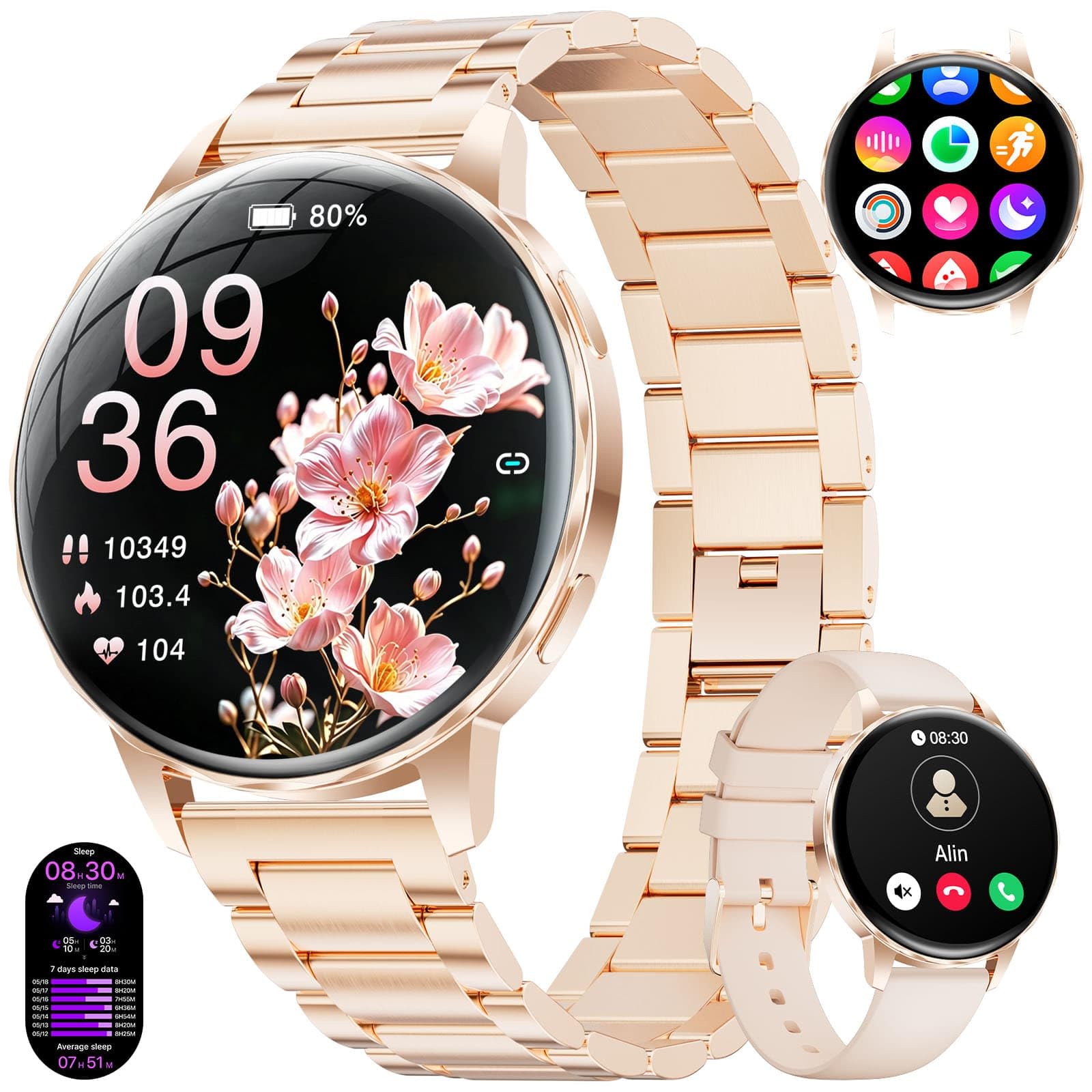 Montre Connectée Femme, Écran 1,27" Ultra-fin Elégante Montre Femmes avec 2 Bracelets, 120 Modes Sport, Tension artérielle/Suivi du Cycle/Fréquence Cardiaque/Sommeil pour Android iOS, IP68 Étanche
