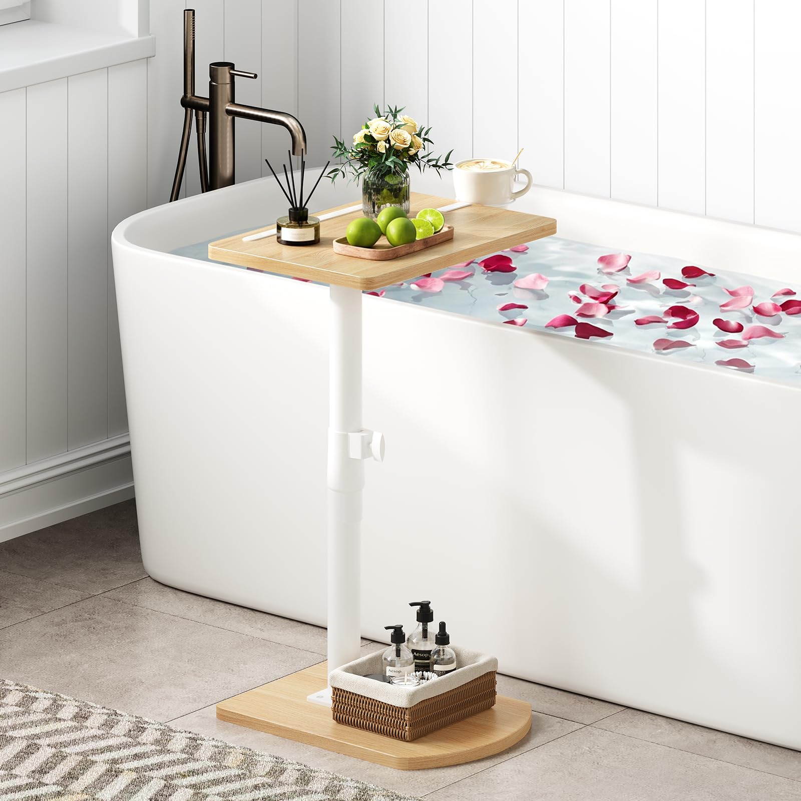 HOOBRO Mesa Auxiliar en Forma de C, Mesa de Sofá Giratoria 360°, Portavasos Extraíble y Ranura para Tableta, Salón, Dormitorio, Blanco y Natural EWN34SF01