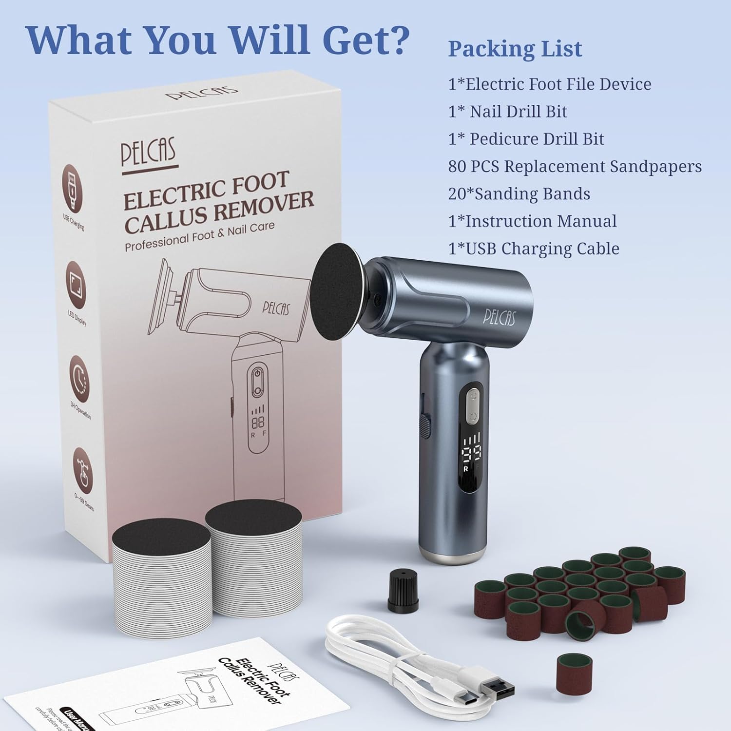 PELCAS Electric Foot Callus Remover with LED Screen, Upgraded Electric Foot File, 2 in 1 Manicure & Pedicure Kit for Women & Men, Cordless Feet Filer for Foot Callus, Thick Nails, Finger Nails Grey - Image 8