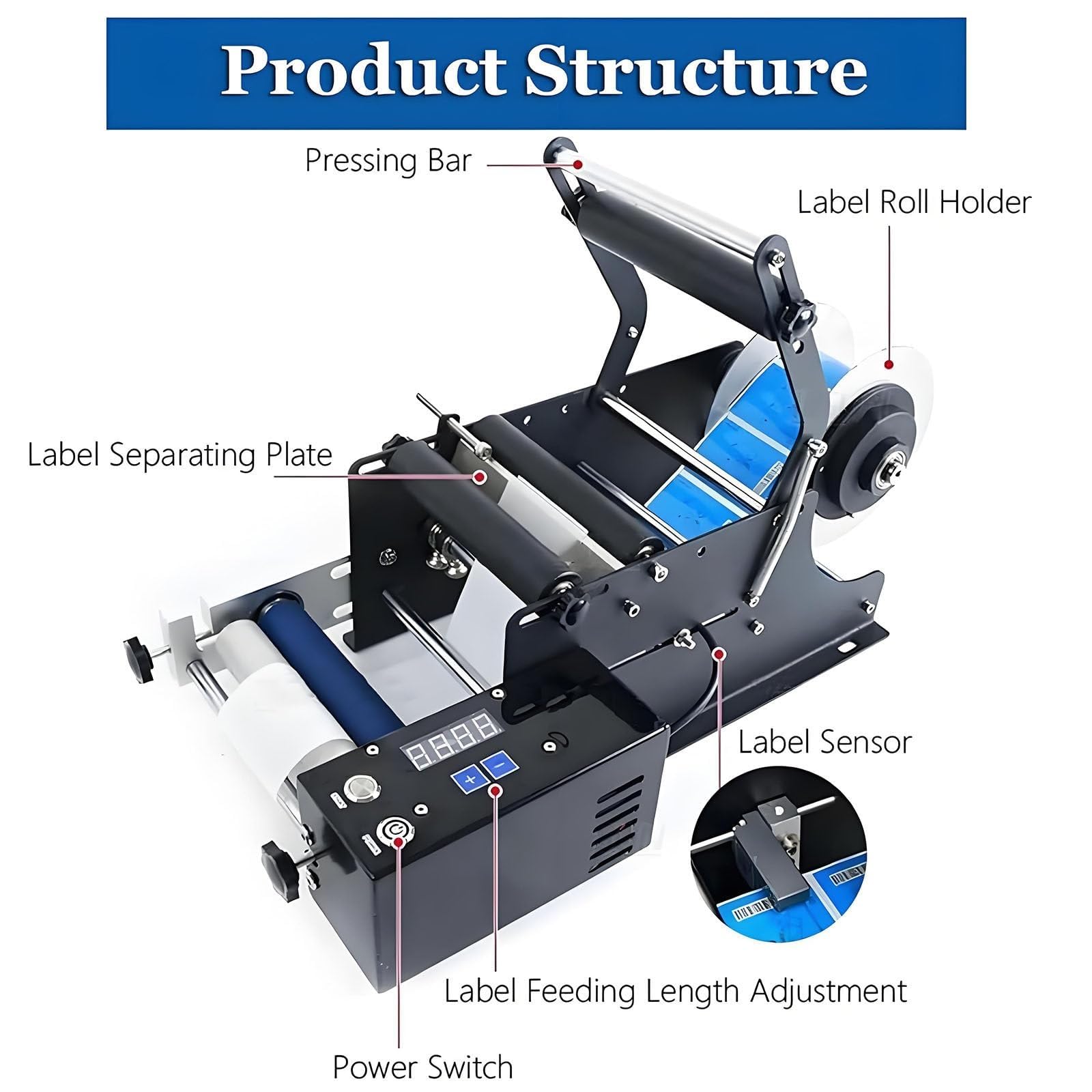 Etichettatrice elettrica per bottiglia rotonda, applicatore di etichette semiautomatico 15-30 pezzi/min, range diametro 15-120 mm, ideale per piccole imprese