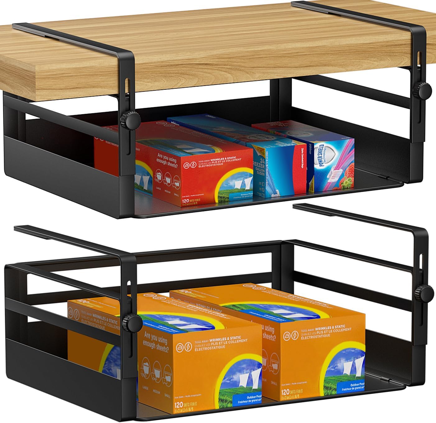 2 Pack Under Shelf Basket Organizers,Adjustable Hanging Under Cabinet Add-on Storage Racks Slide-in Baskets Organizer for Laundry Room Kitchen Pantry Desk Bookshelf, Black
