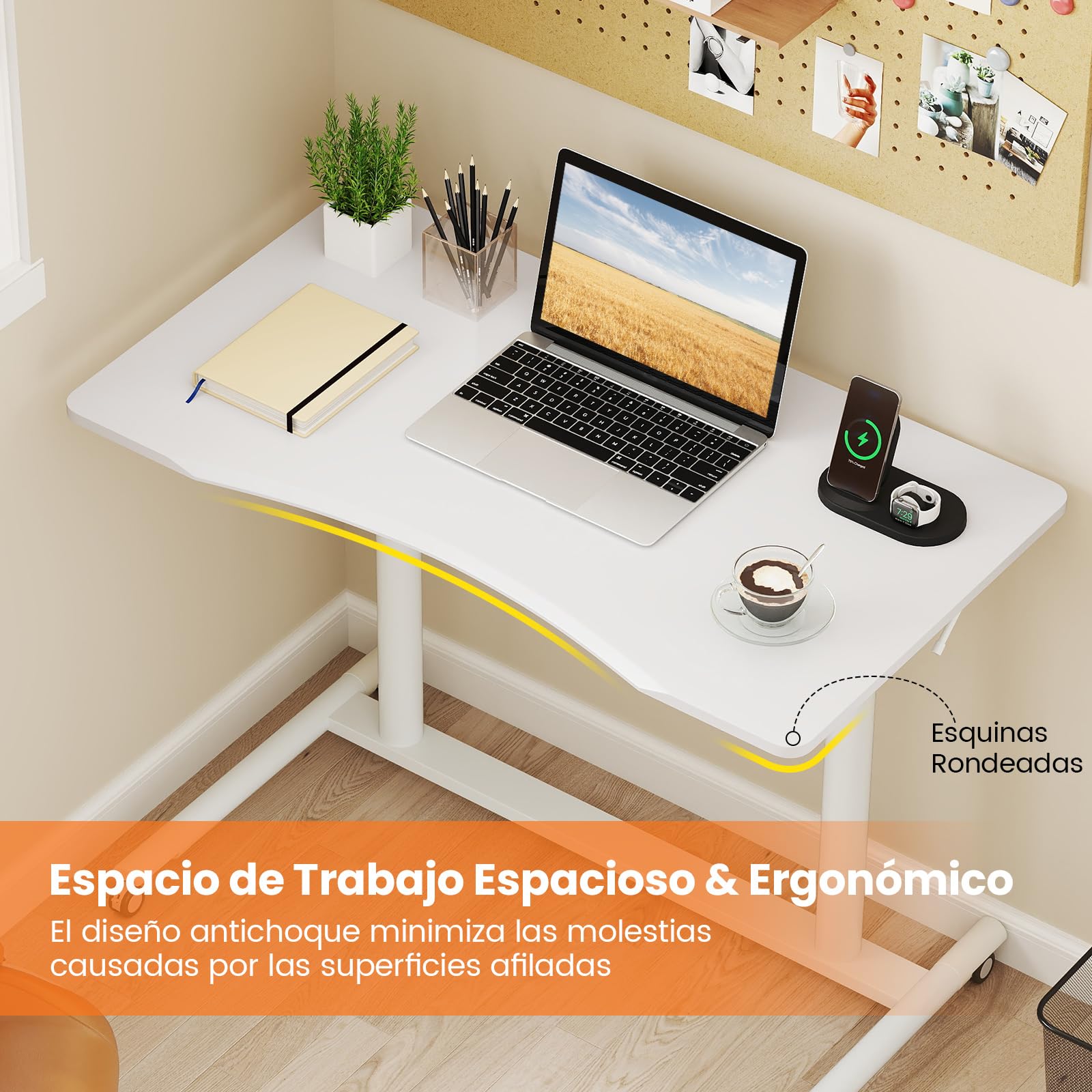 COSTWAY Escritorio Elevable 95 x 52cm, Altura Ajustable, Secretaria Elevatoria con Ruedas Bloqueables, Marco de Metal, para Espacios Pequeños, Mesa Escritorio Oficina Despacho (Blanco)