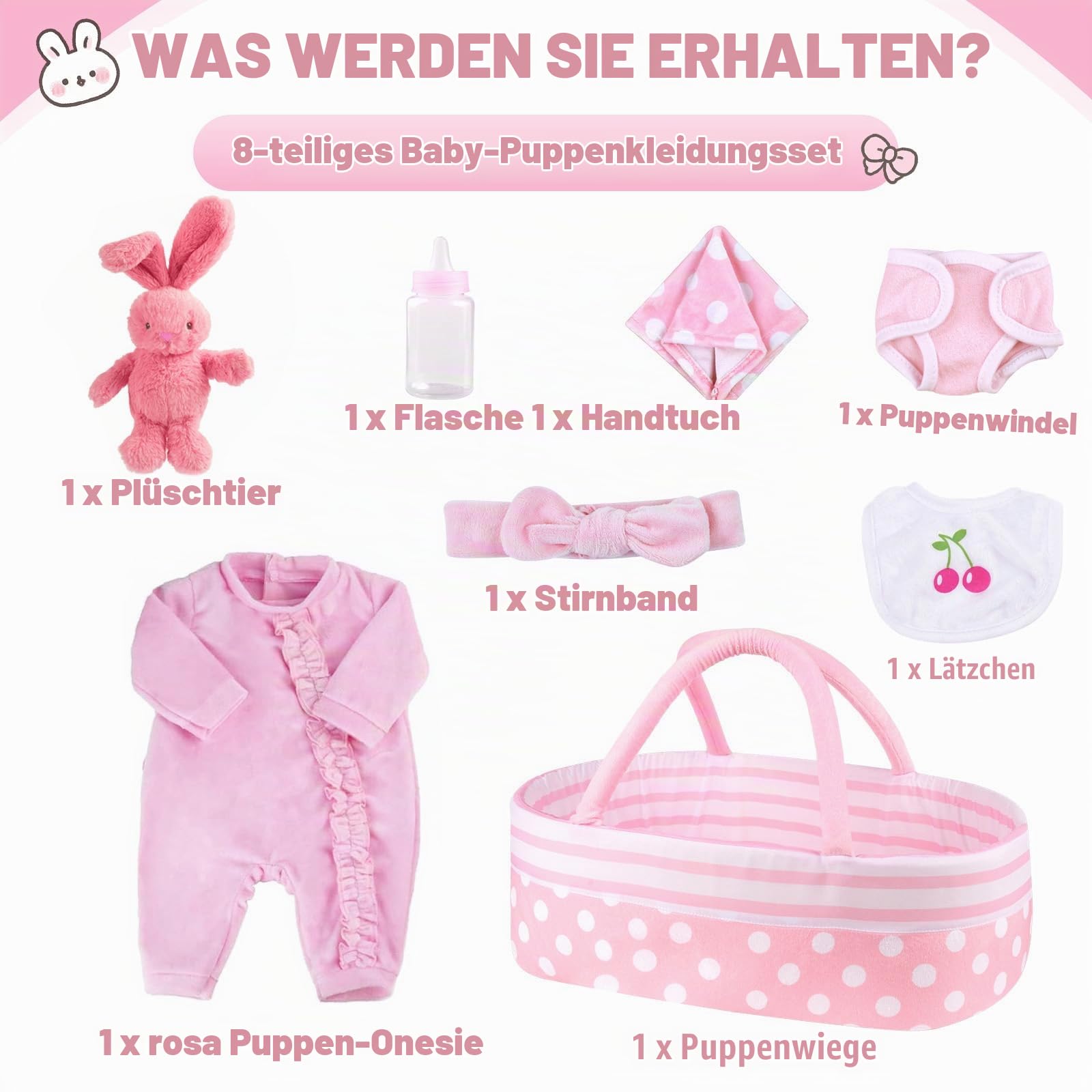 BABESIDE 8-teilige Kleidung für wiedergeborene Puppen mit Wiege, passend für 17-22-Zoll-Puppen, Puppenkleidung, Bekleidungszubehör. (Rosa Kleidungszubehör für 17-22-Zoll-Puppen.)