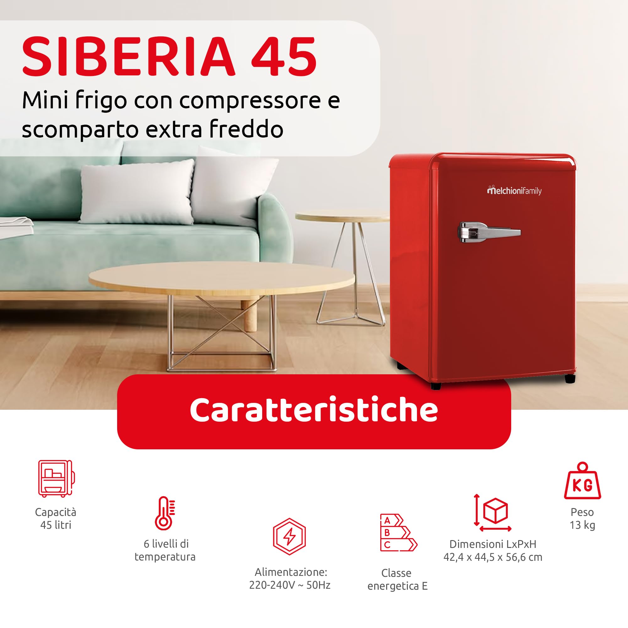 Melchioni Family | Frigorifero Siberia 45, Mini Frigo Vintage Rosso, Capacità da 45L, con Compressore e Comparto Extra Freddo