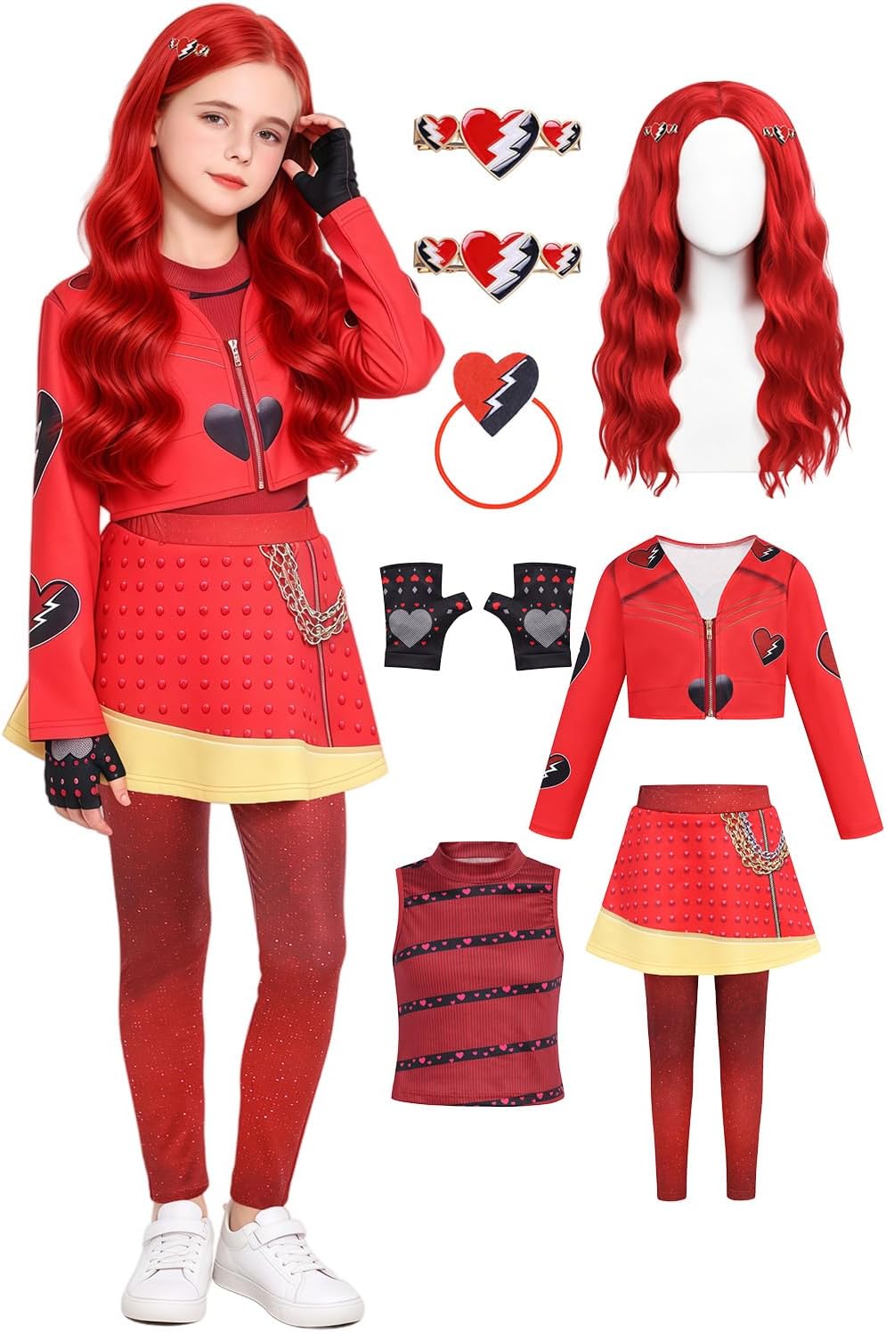 Kids Princess Red Costume Girls Halloween Cosplay Outfit with Acessories | Toddler Halloween Costumes, Red Jacket Shirt & Pantskirt with Fingerless Heart Glove Wig Hairclip Accessory Set for Girls