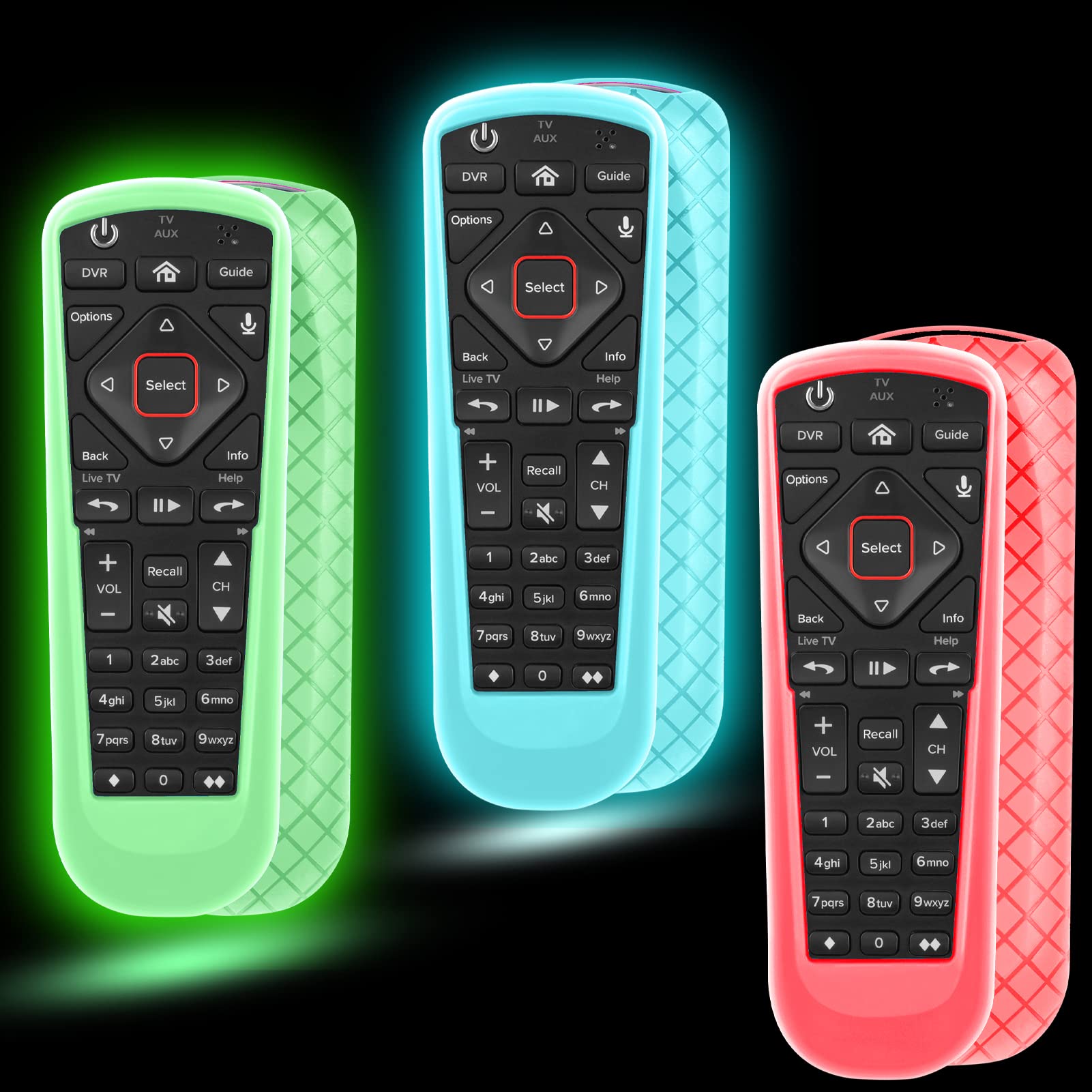 Paquete de 3 fundas para control remoto Dish Network 52.0/54.0, funda de silicona para control remoto de TV, funda que brilla en la oscuridad, verde, rojo y azul
